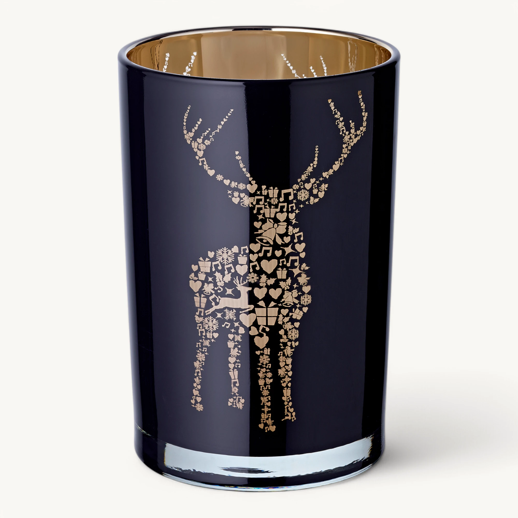 Teelichtglas Fancy (Höhe 18 cm), schwarz & goldfarben, Hirsch-Motiv