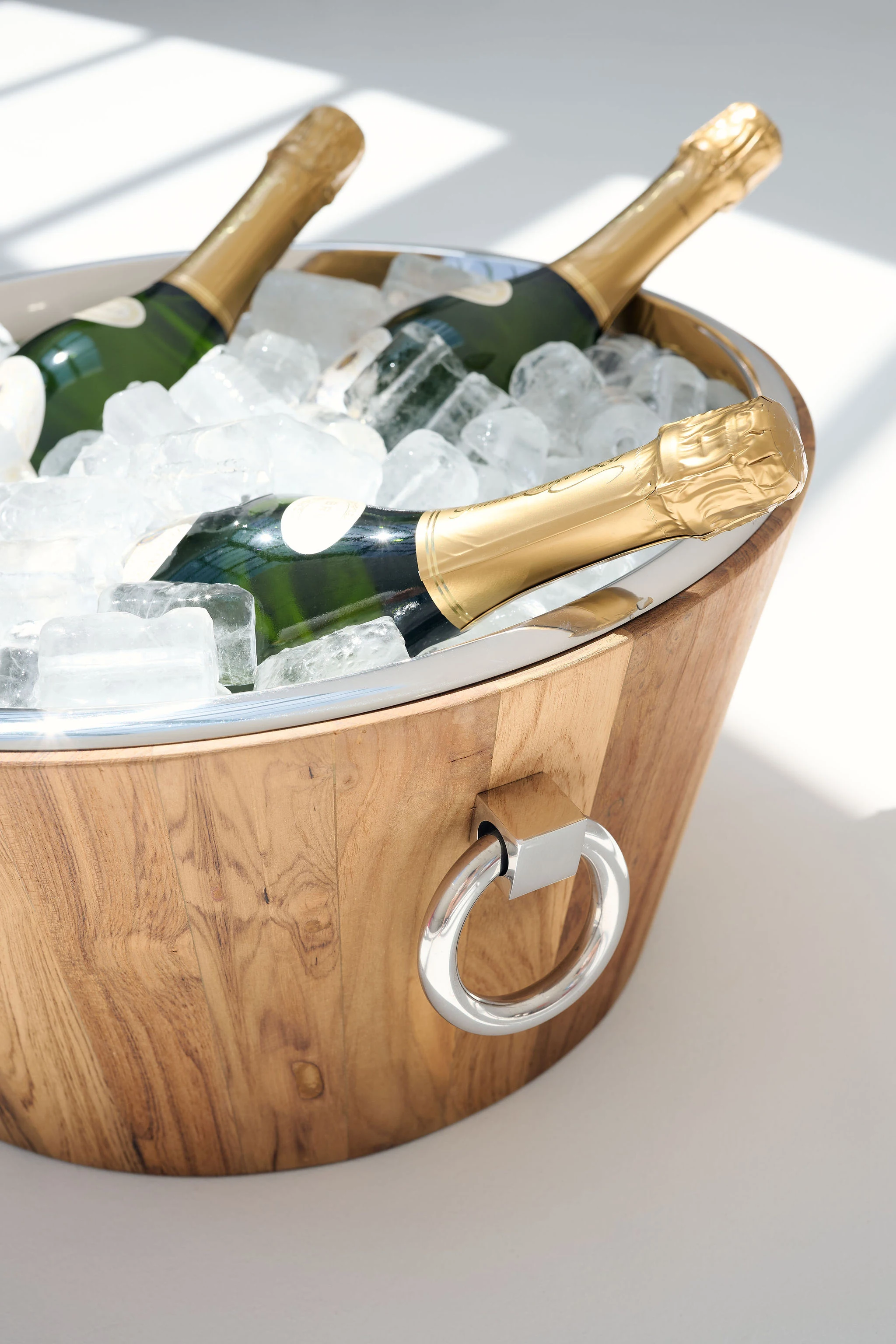 Champagnerkühler Santiago (Ø 46 cm, Höhe 23 cm) Teakholz, Edelstahl hochglanzpoliert, mit Griffen