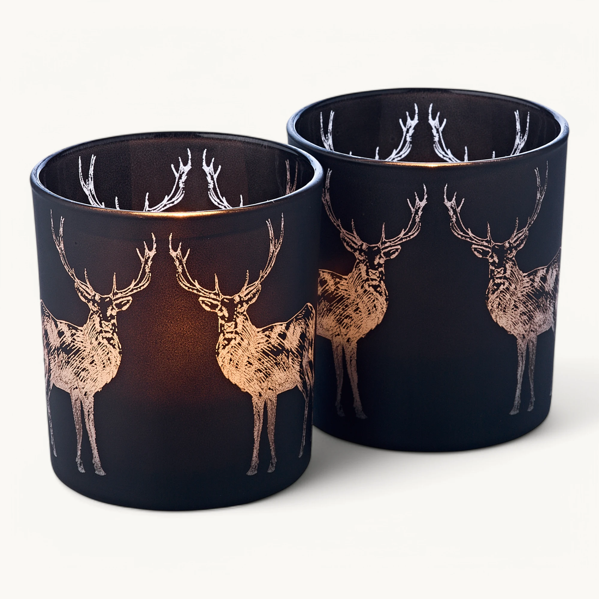 2er-Set Teelichtglas Tiu (Höhe 8 cm), schwarz, Hirsch-Motiv