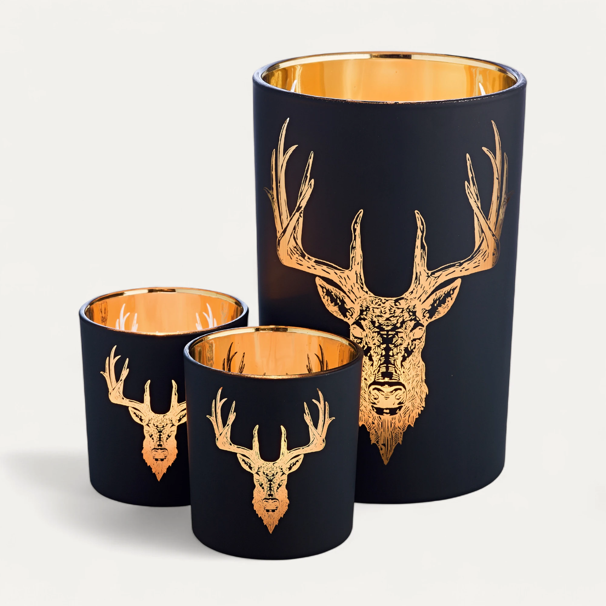 2er-Set Teelichtglas Lio (Höhe 8 cm), schwarz & goldfarben, Hirsch-Motiv