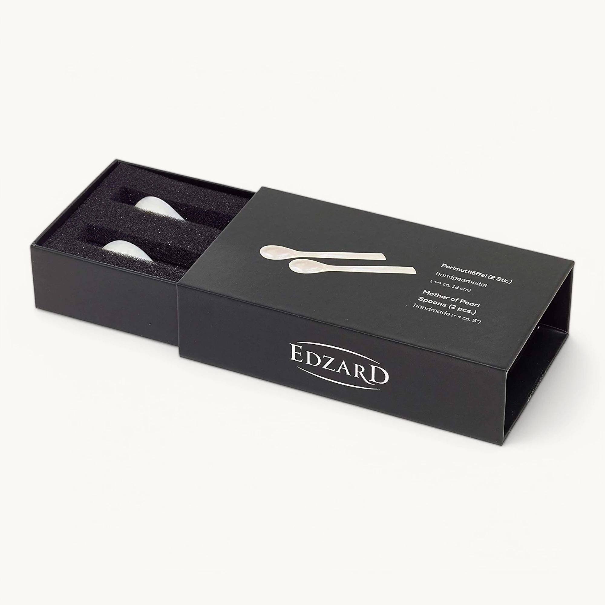 EDZARD 2er Set Eierlöffel (Länge 11 cm) aus echtem Meer-Perlmutt (Pinctada maxima), Handarbeit, 100% Naturprodukt, Griff oben eckig, edle Geschenkverpackung, Perlmuttlöffel für Ei und Kaviar