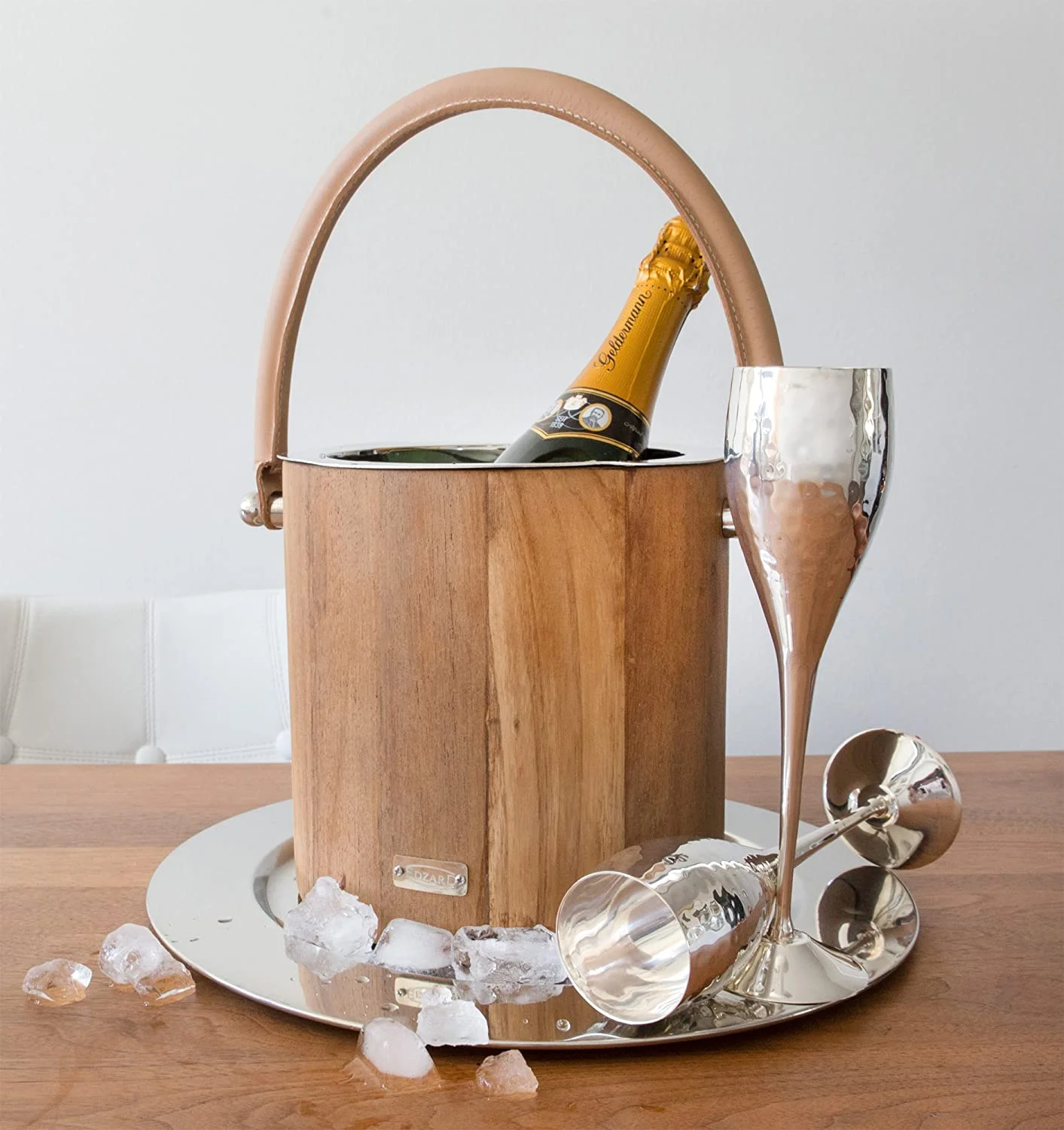 Eiseimer Havanna (Höhe 20 cm), Ledergriff, außen Teakholz, Edelstahl, glänzend vernickelt
