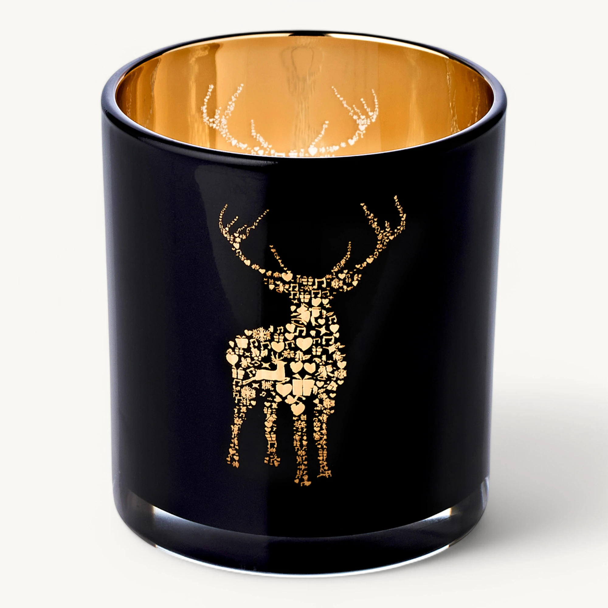 2er-Set Teelichtglas Fancy (Höhe 8 cm), schwarz & goldfarben, Hirsch-Motiv