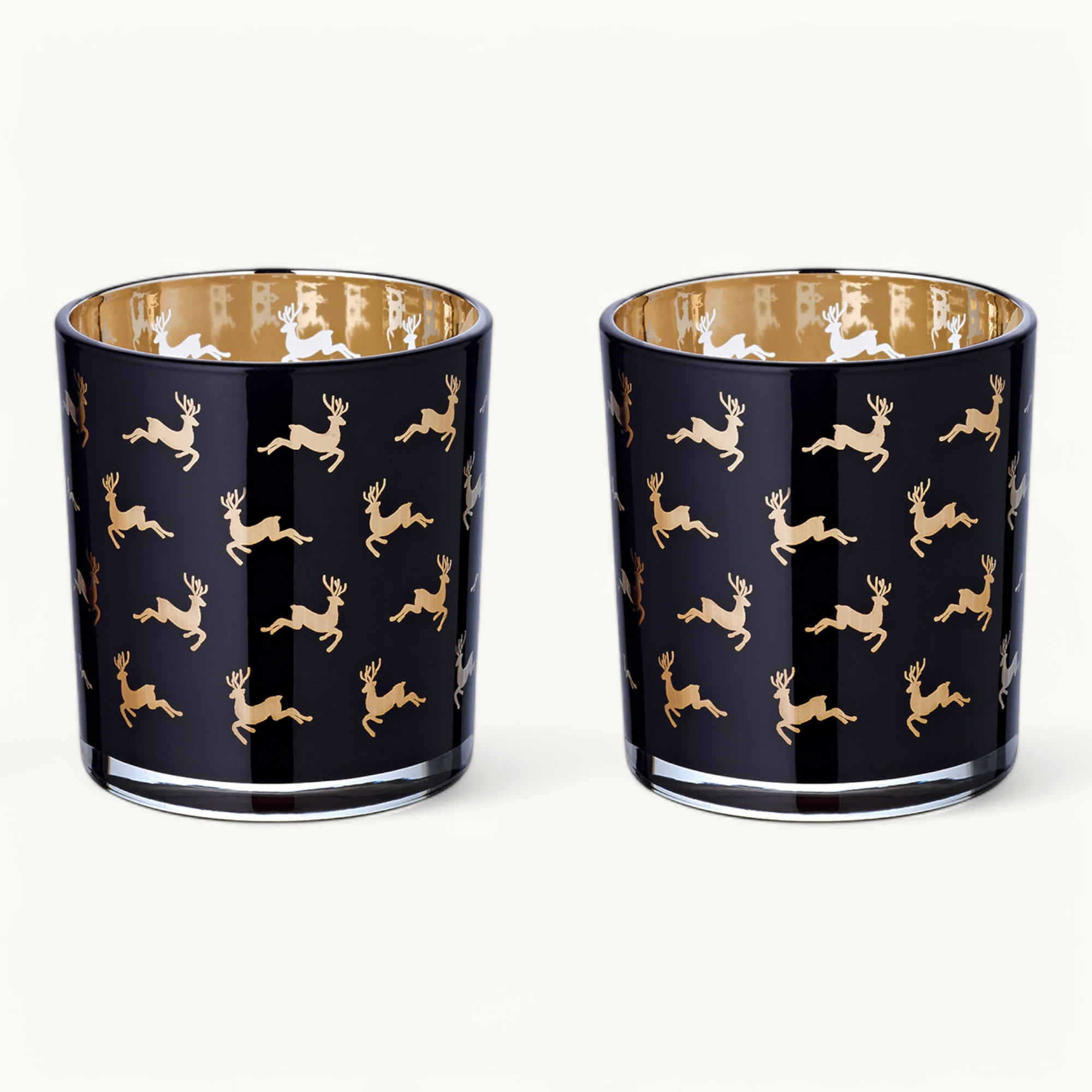 2er-Set Teelichtglas Luna (Höhe 8 cm), schwarz, Hirsch-Motiv