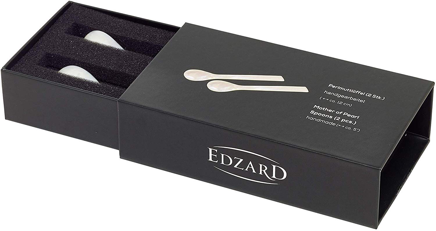EDZARD 2er Set Eierlöffel (Länge 11 cm) aus echtem Meer-Perlmutt (Pinctada maxima), Handarbeit, 100% Naturprodukt, Griff oben eckig, edle Geschenkverpackung, Perlmuttlöffel für Ei und Kaviar