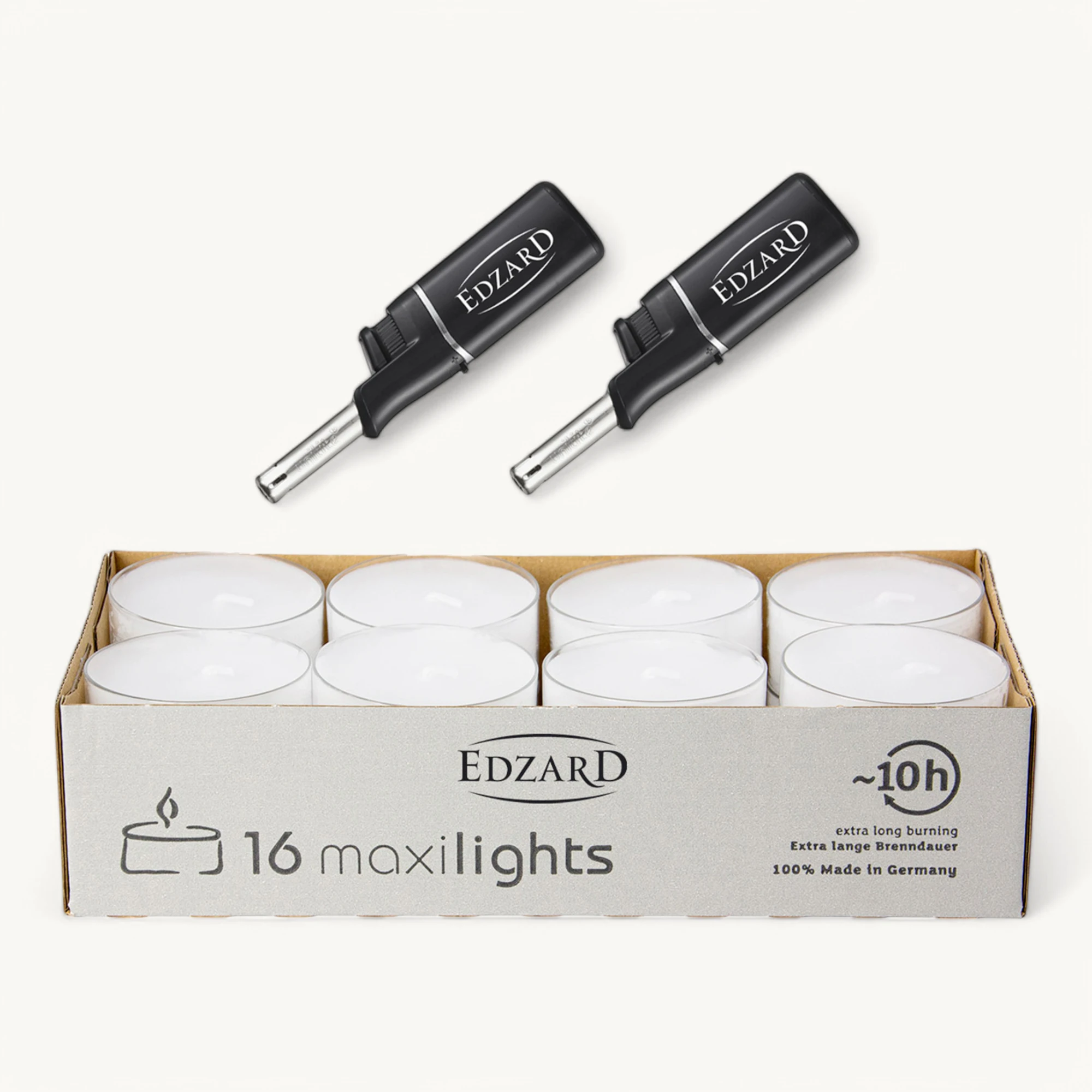 16 Maxi Teelichter ø 58 mm, weiß, ohne Duft, Aluminiumhülle, Brenndauer 10 Stunden - plus 2 Mini-Stabfeuerzeuge Länge 11 cm