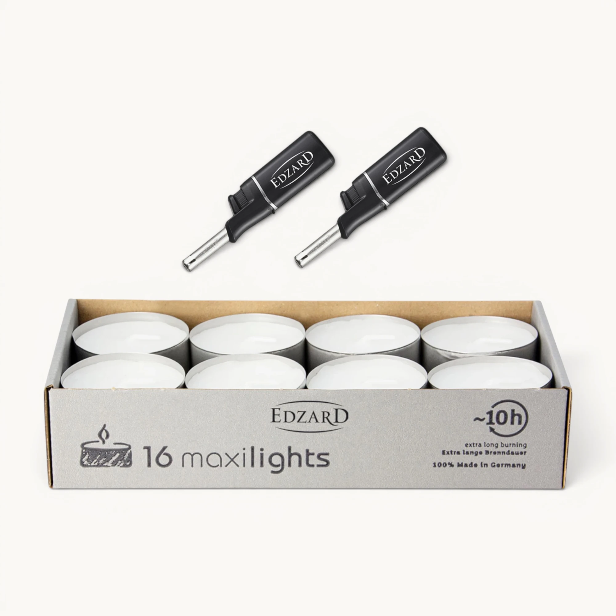 16 Maxi Teelichter ø 58 mm, weiß, ohne Duft, Aluminiumhülle, Brenndauer 10 Stunden - plus 2 Mini-Stabfeuerzeuge Länge 11 cm