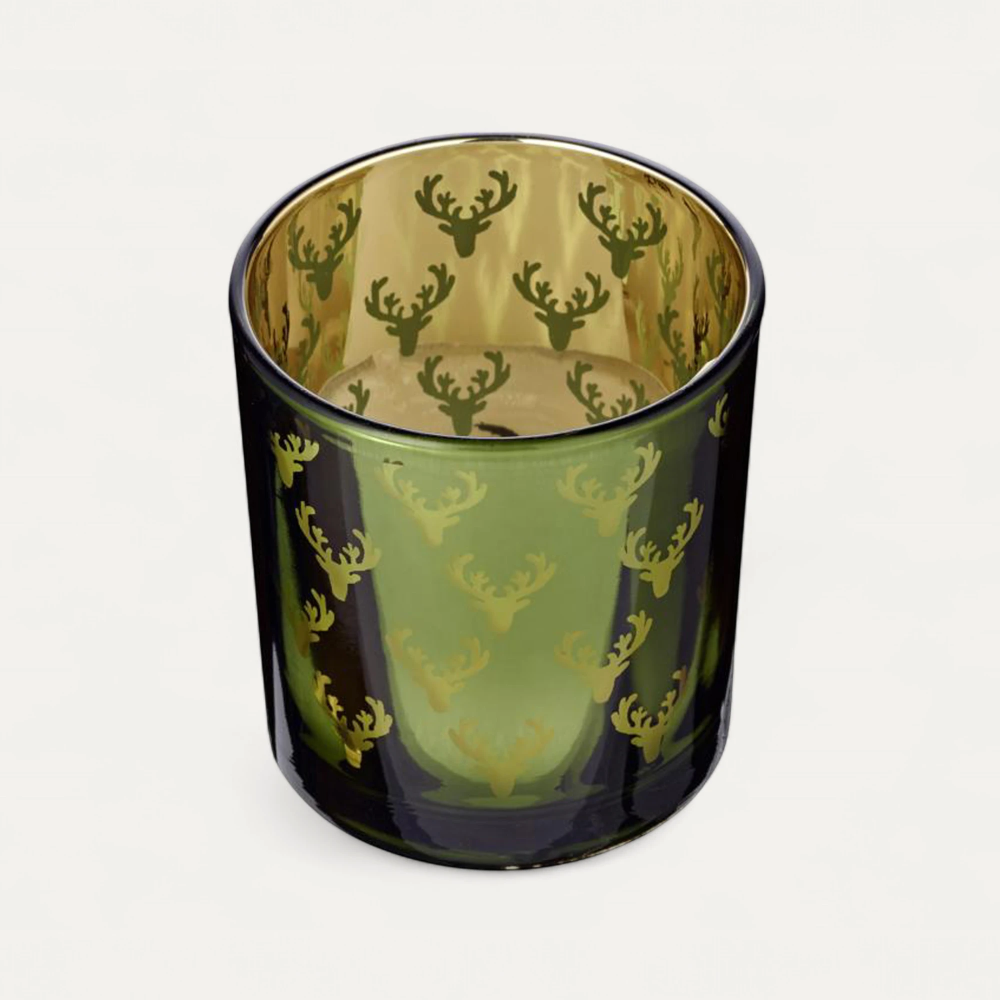 2er-Set Teelichtglas Dirk (Höhe 8 cm), grün & goldfarben, Hirsch-Motiv