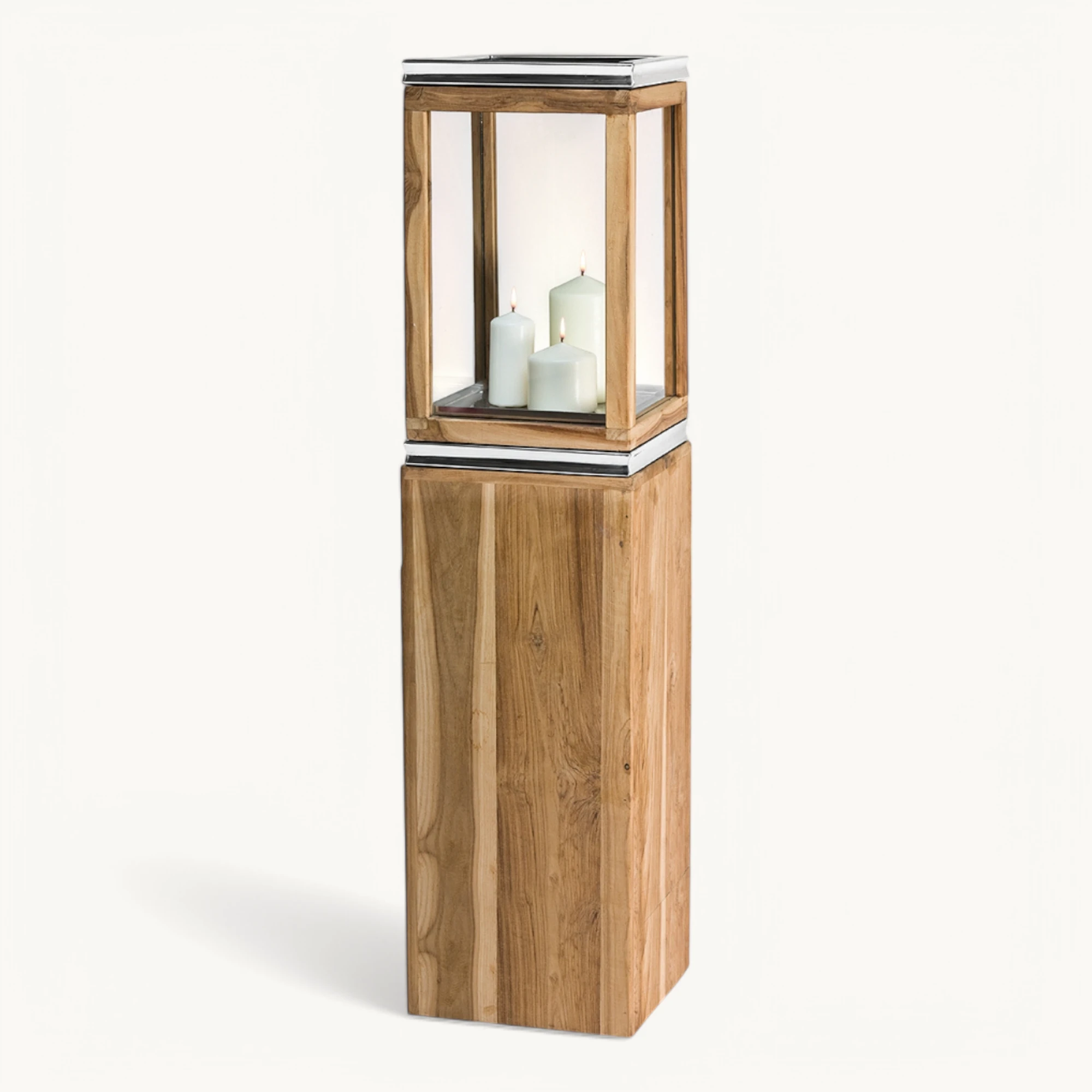 Sockel für Laterne Dubai (Höhe 61 cm), edles Teakholz, Edelstahl, glänzend vernickelt