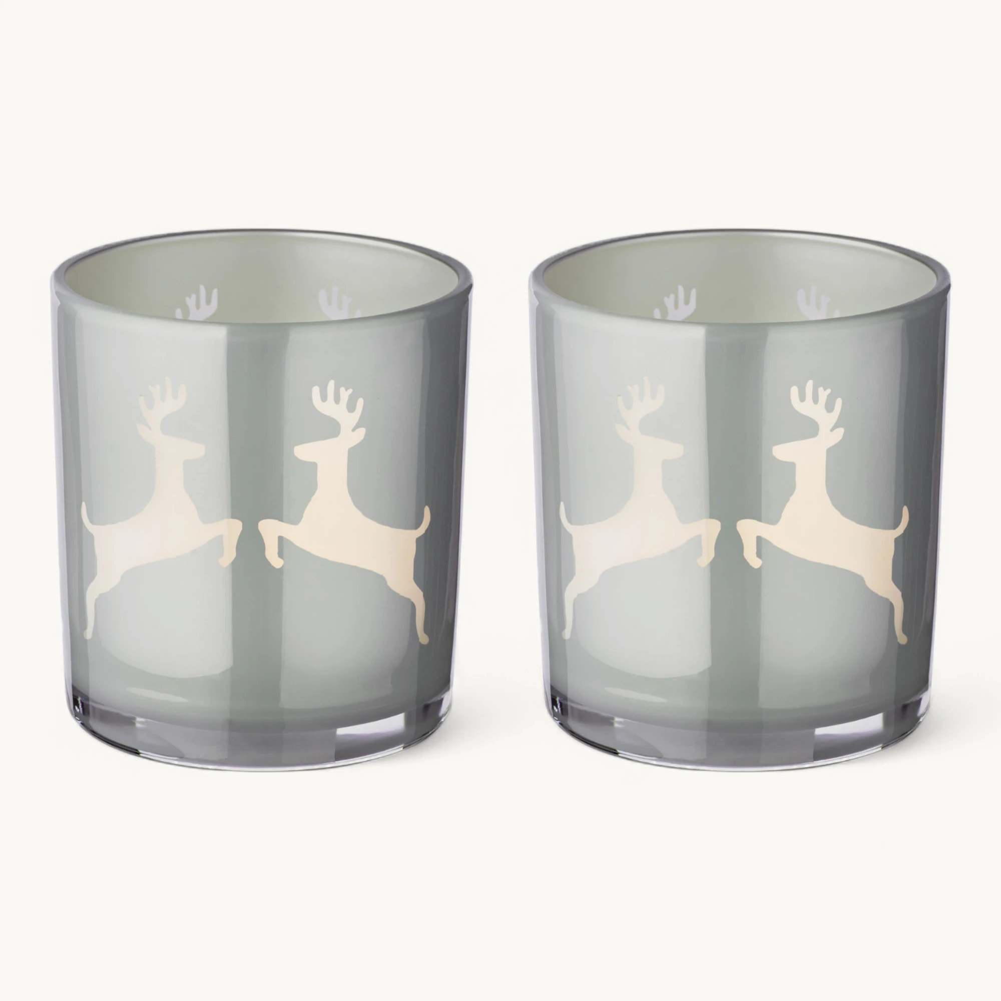 SALE 2er-Set Teelichtglas Loki (Höhe 8 cm), grau, Hirsch-Motiv