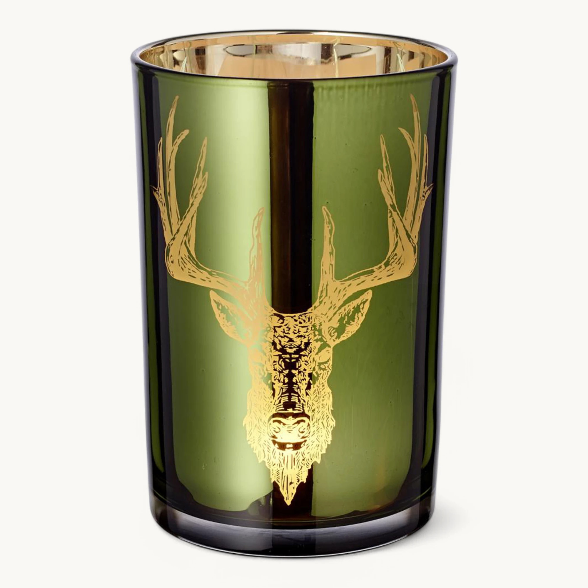 Teelichtglas Ted (Höhe 18 cm), grün & goldfarben, Hirsch-Motiv