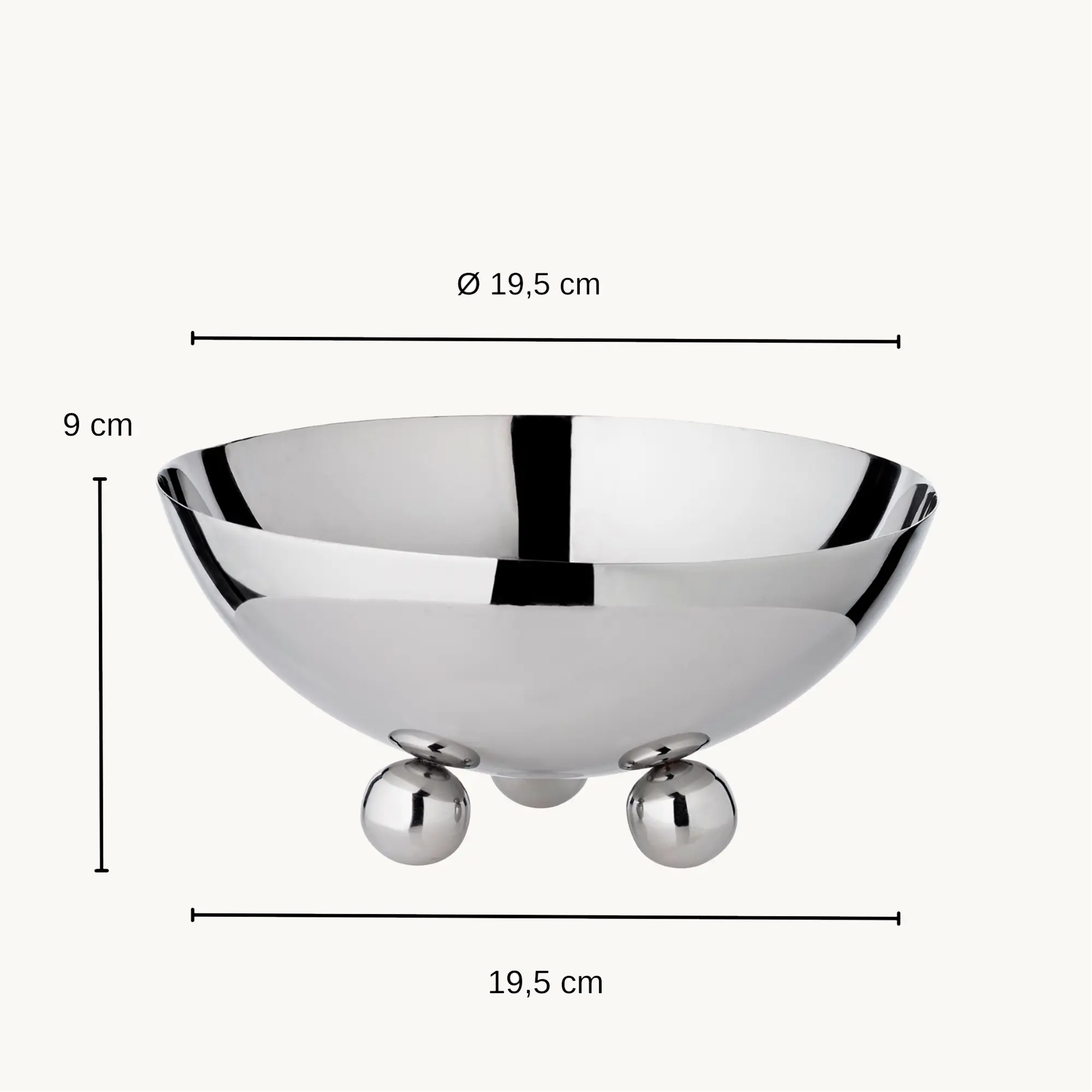 Schale Chicago (Durchmesser 19,5 cm, Höhe 9 cm) auf 3 Kugelfüßen, Edelstahl hochglanzpoliert