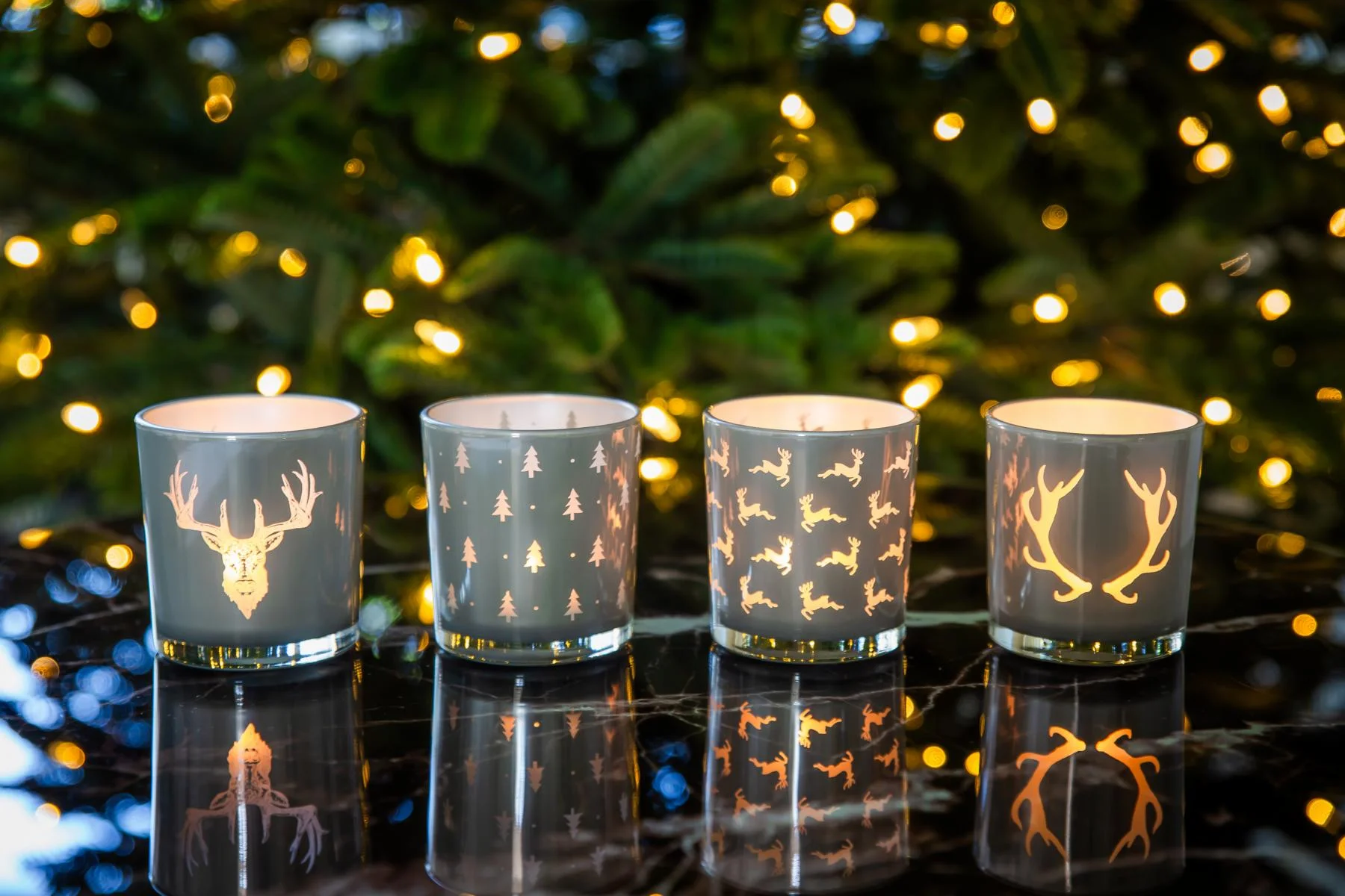 2er-Set Teelichtglas Eto (Höhe 8 cm), grau, Hirsch-Motiv