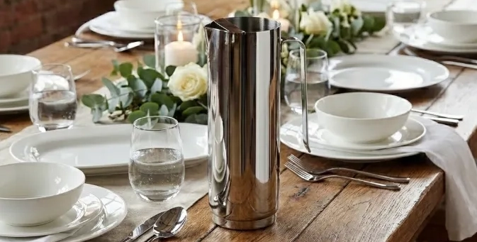 Edelstahl-Karaffe auf gedecktem Tisch