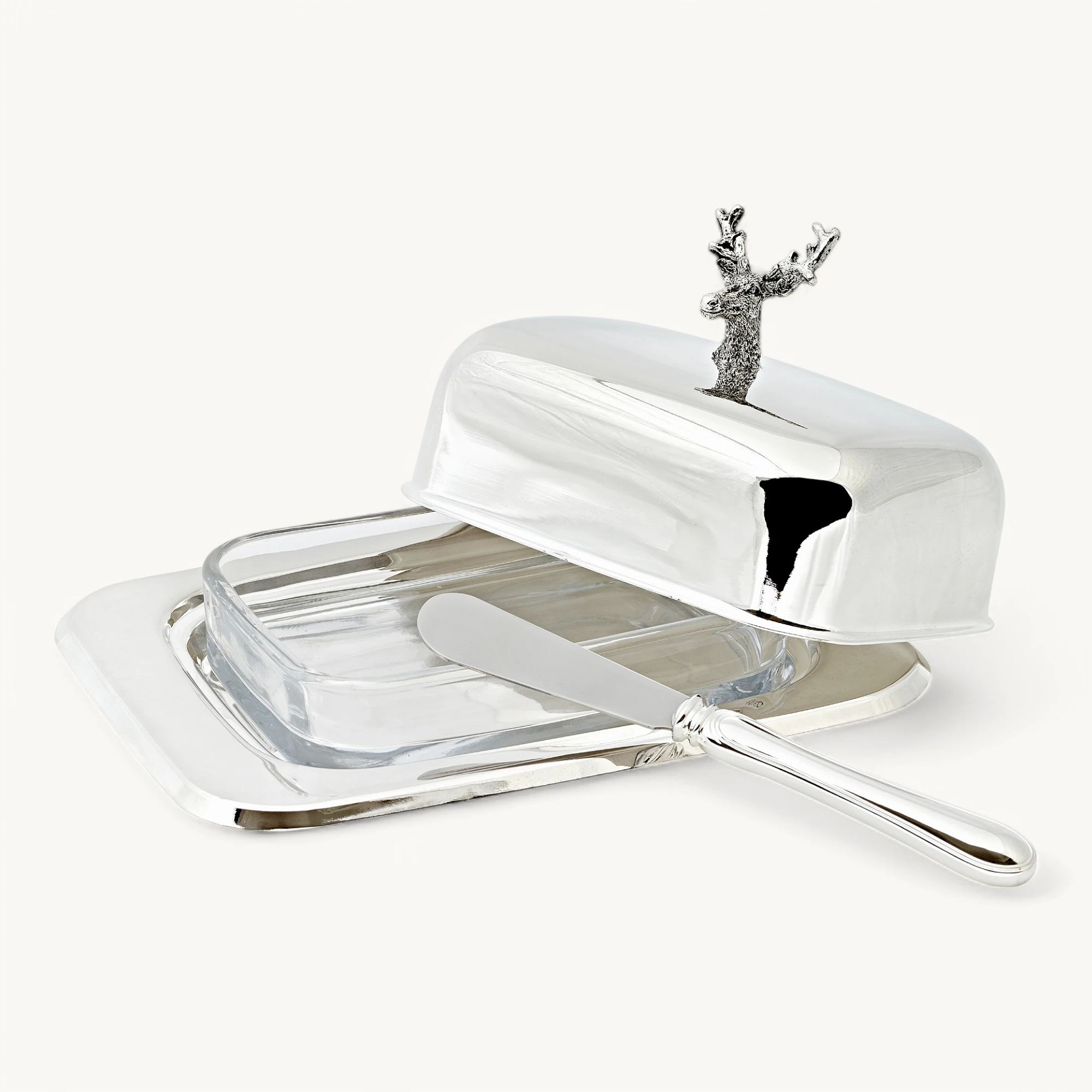 Butterdose Hirsch (250 g Butter), Hirsch-Figur, edel versilbert, mit Glasschale und Buttermesser