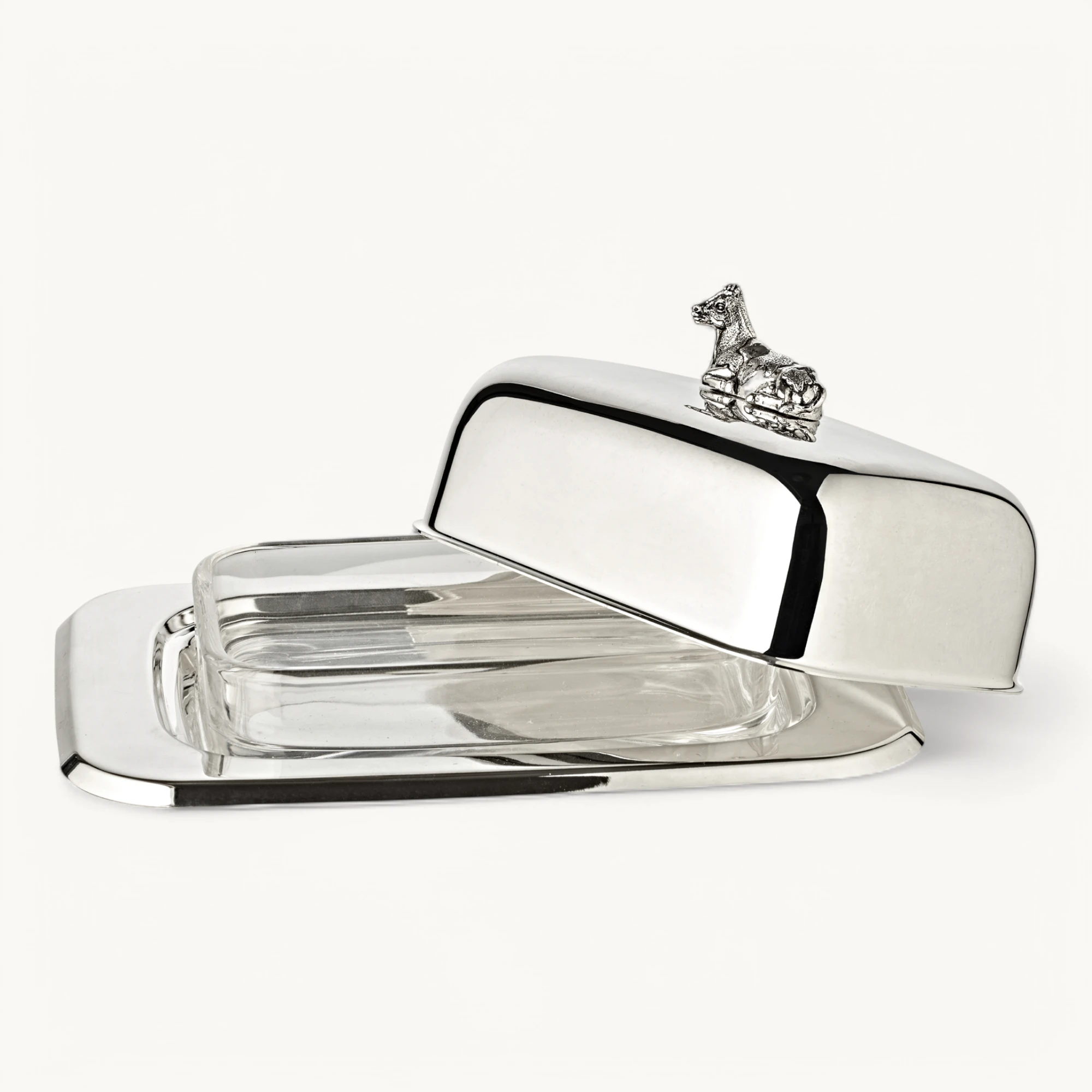 Butterdose Kuh (250 g Butter), Kuh-Figur, edel versilbert, mit Glasschale & Buttermesser