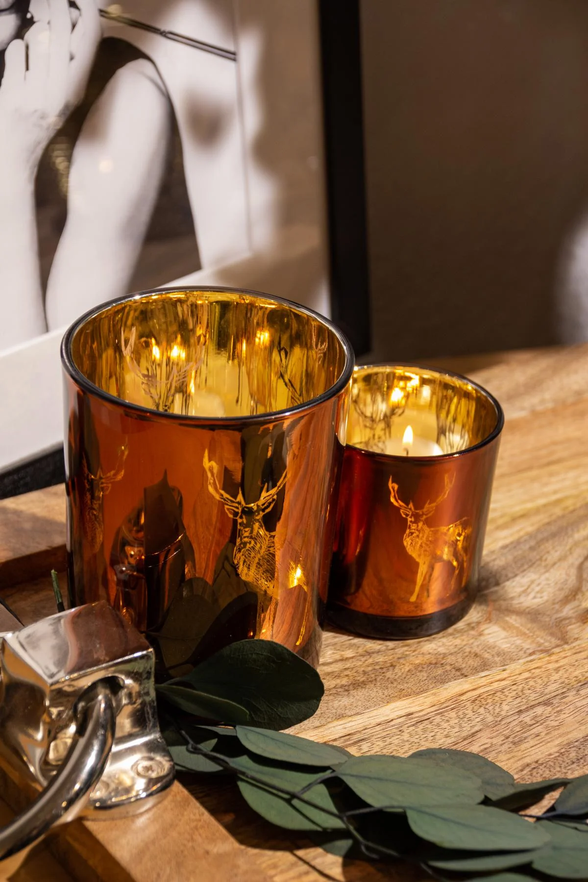 SALE Teelichtglas Dian (Höhe 12,5 cm), kupferfarben, Hirsch-Motiv