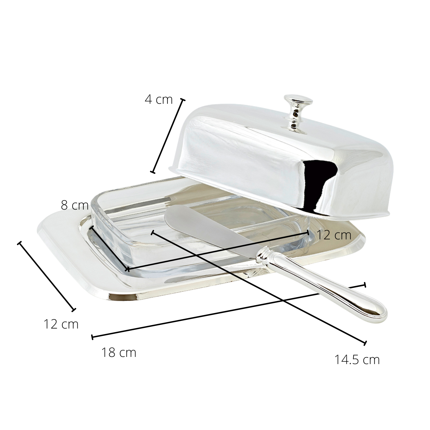 2. Wahl Butterdose Mista, 13 x 18 cm, versilbert, mit Glasschale und Buttermesser, für 250 g