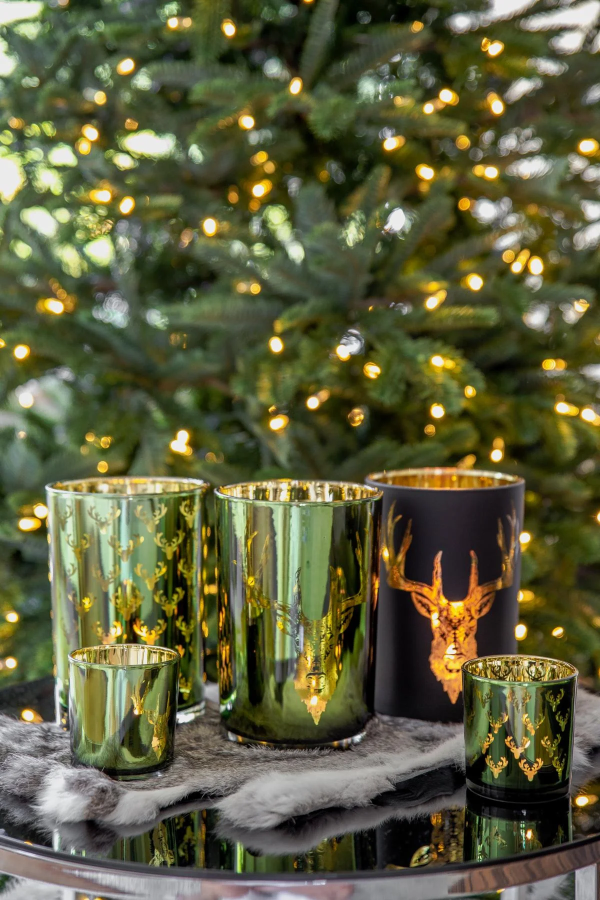 2er-Set Teelichtglas Dirk (Höhe 8 cm), grün & goldfarben, Hirsch-Motiv 2er-Set Teelichtglas Dirk (Höhe 8 cm), grün & goldfarben, Hirsch-Motiv