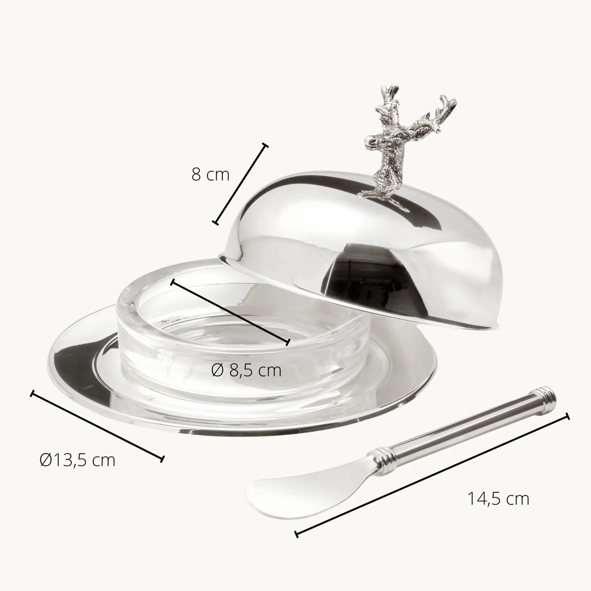 SALE Butterglocke Hirsch (130 g Butter), Hirsch-Figur, edel versilbert, mit Glasschale & Buttermesse SALE Butterglocke Hirsch (130 g Butter), Hirsch-Figur, edel versilbert, mit Glasschale & Buttermesse