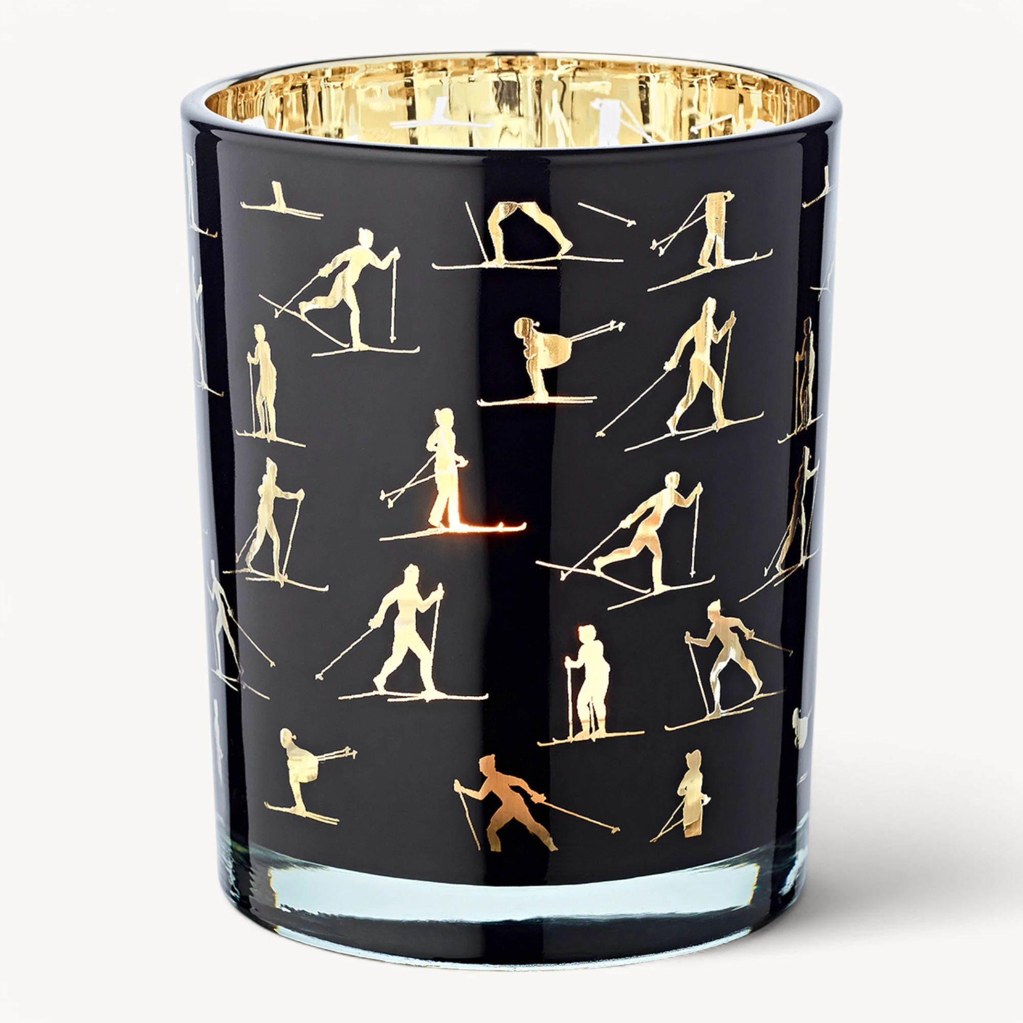 Teelichtglas Monty (Höhe 13 cm), schwarz & goldfarben, Skisport-Motiv