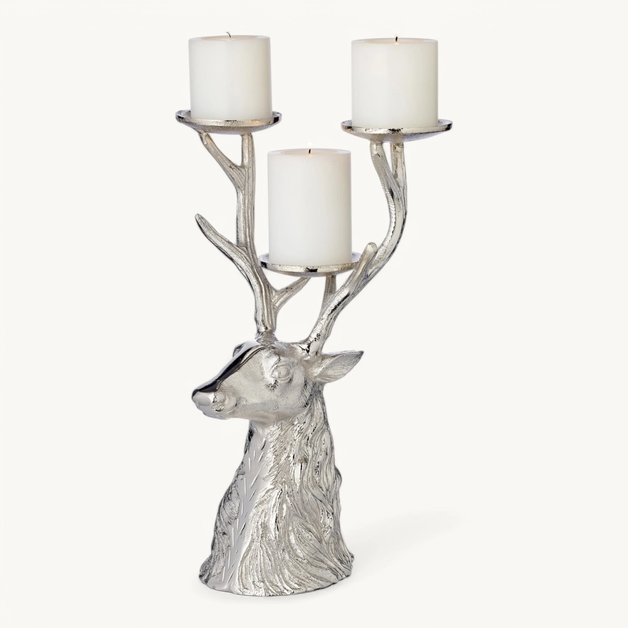 Kerzenleuchter Hirsch (Höhe 32 cm), silberfarben, Aluminium vernickelt, für 3 Stumpenkerzen ø 6 cm Kerzenleuchter Hirsch (Höhe 32 cm), silberfarben, Aluminium vernickelt, für 3 Stumpenkerzen ø 6 cm
