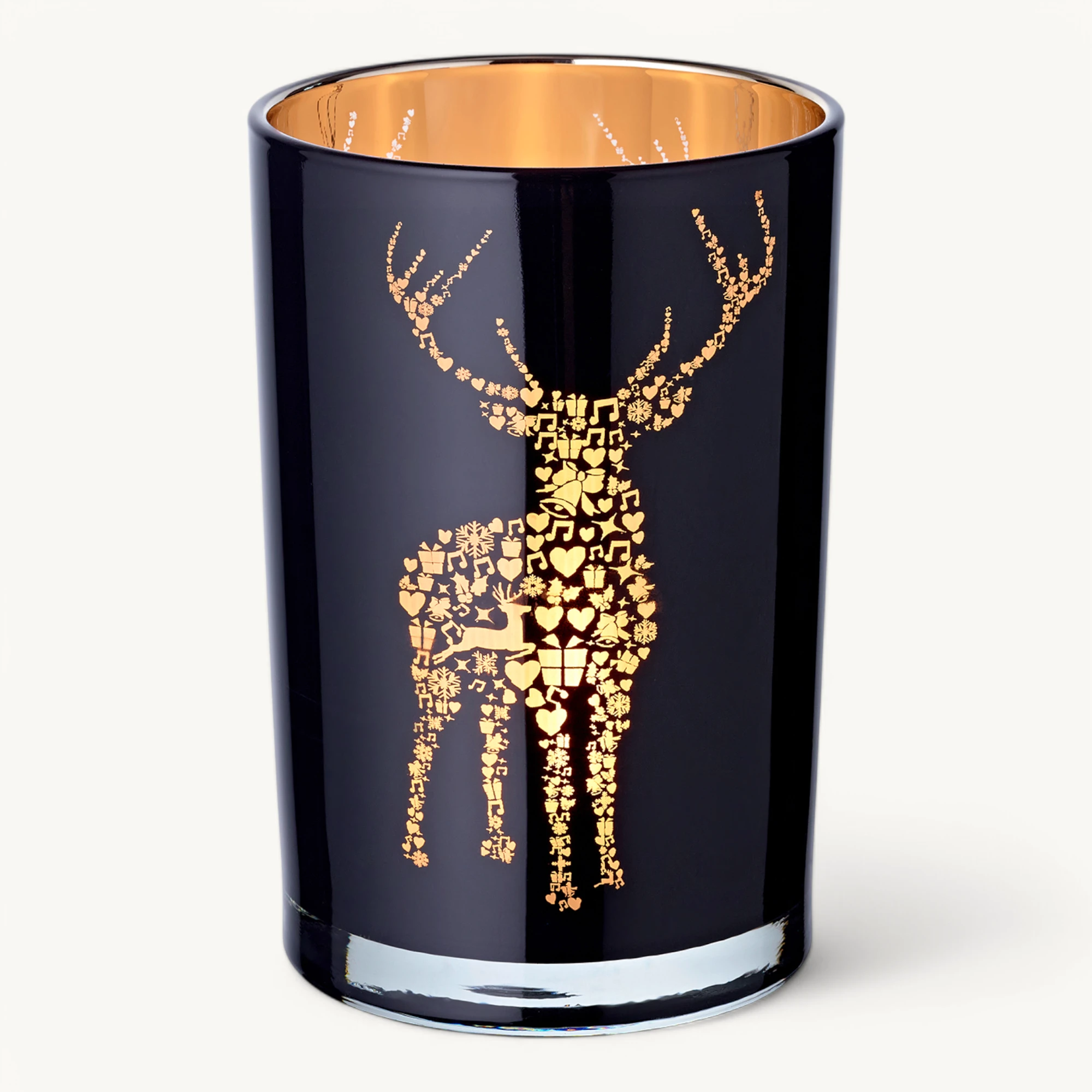 Teelichtglas Fancy (Höhe 18 cm), schwarz & goldfarben, Hirsch-Motiv