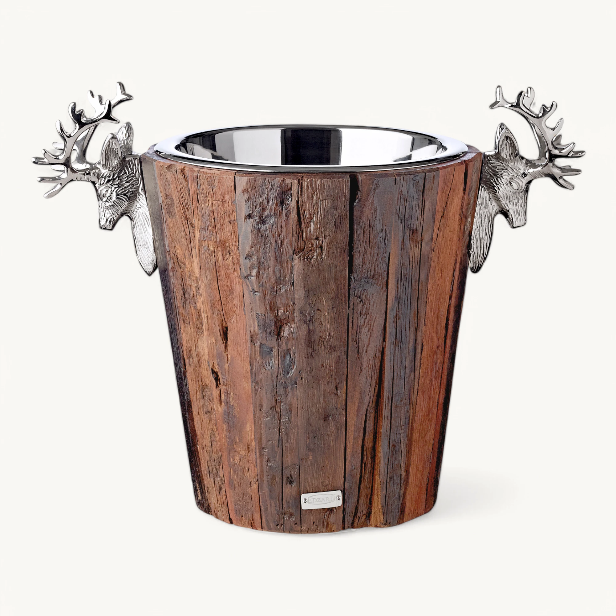 Flaschenkühler Milwaukee (Höhe 30 cm, Ø 21 cm), Hirschkopf-Griffe, recyceltes Teakholz, Edelstahl