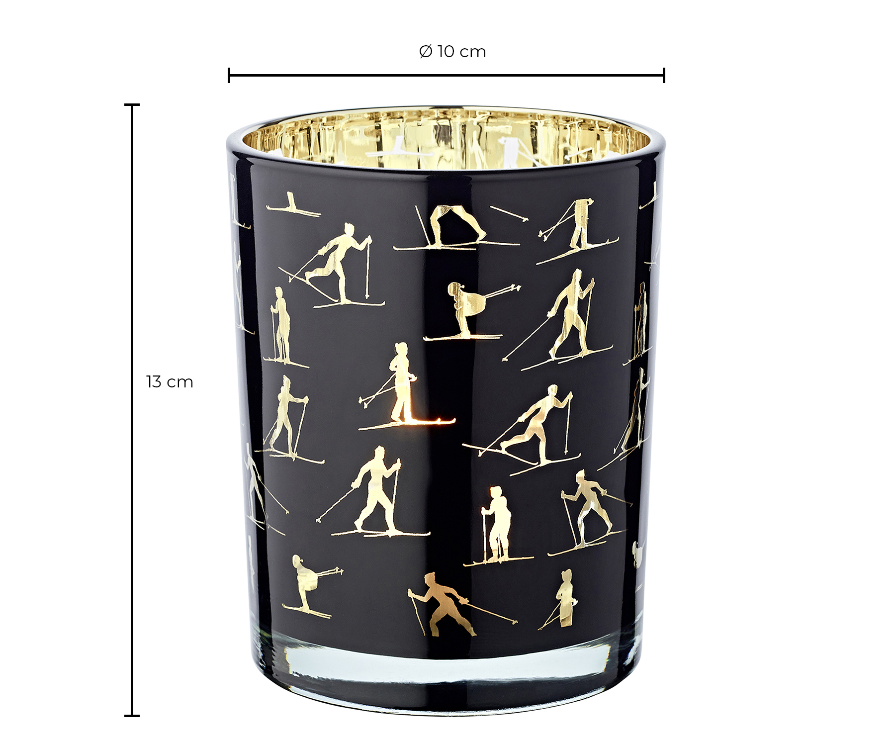 Teelichtglas Monty (Höhe 13 cm), schwarz & goldfarben, Skisport-Motiv