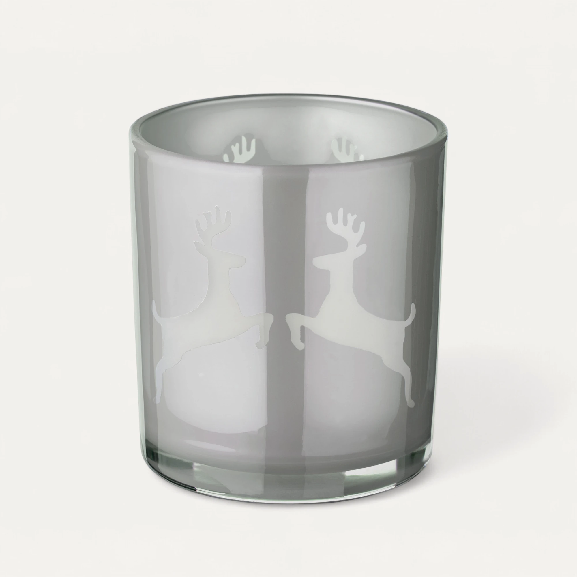 SALE 2er-Set Teelichtglas Loki (Höhe 8 cm), grau, Hirsch-Motiv
