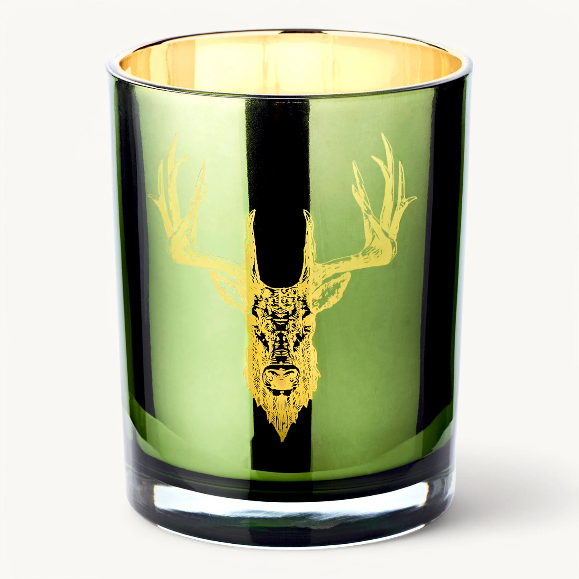 SALE Teelichtglas Ted (Höhe 13 cm) grün & goldfarben, Hirsch-Motiv