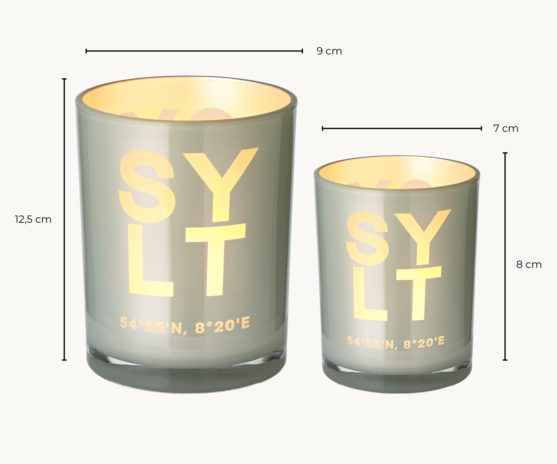 2er-Set Teelichtglas Sylt (Höhe 8 & 12,5 cm), grau, Sylt-Motiv