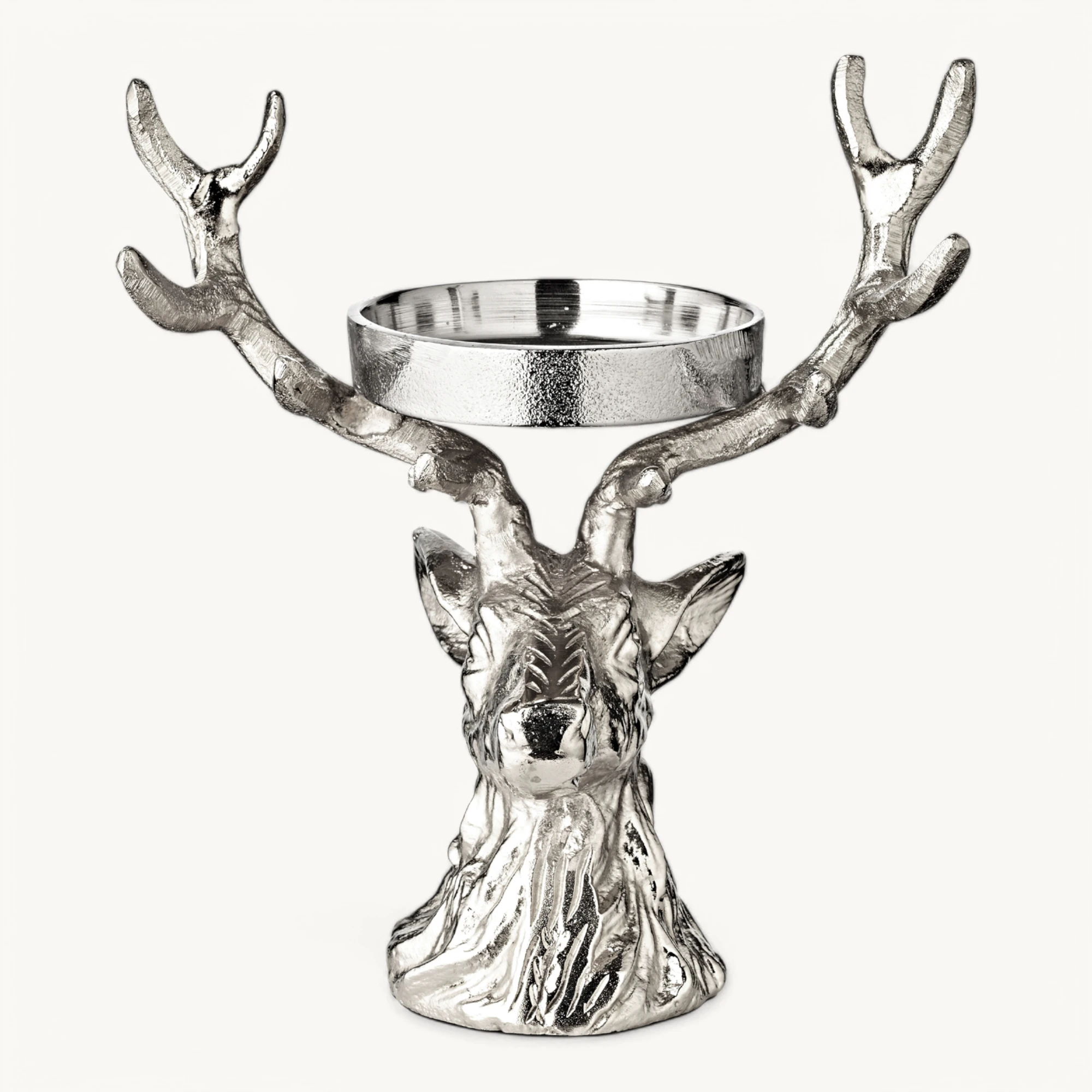 Kerzenleuchter Hirsch (Höhe 22 cm), silberfarben, Aluminium vernickelt, für Stumpenkerze ø 6 cm