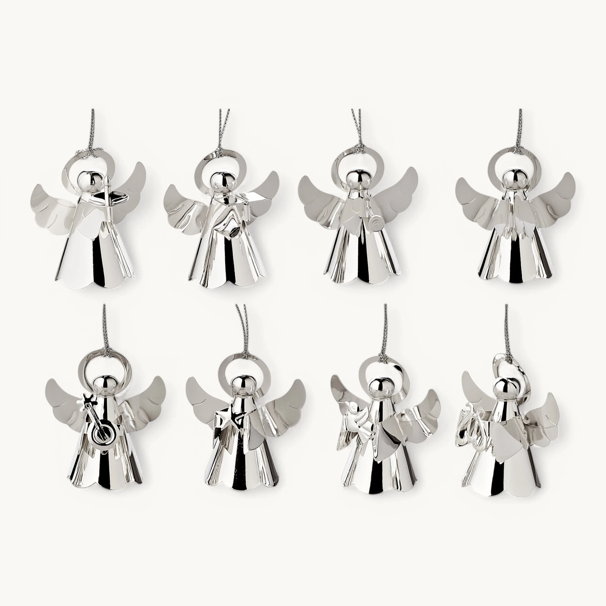 8er Set Baumschmuck Anhänger Engel mit verschiedenen Instrumenten, edel versilbert, Höhe 6 cm