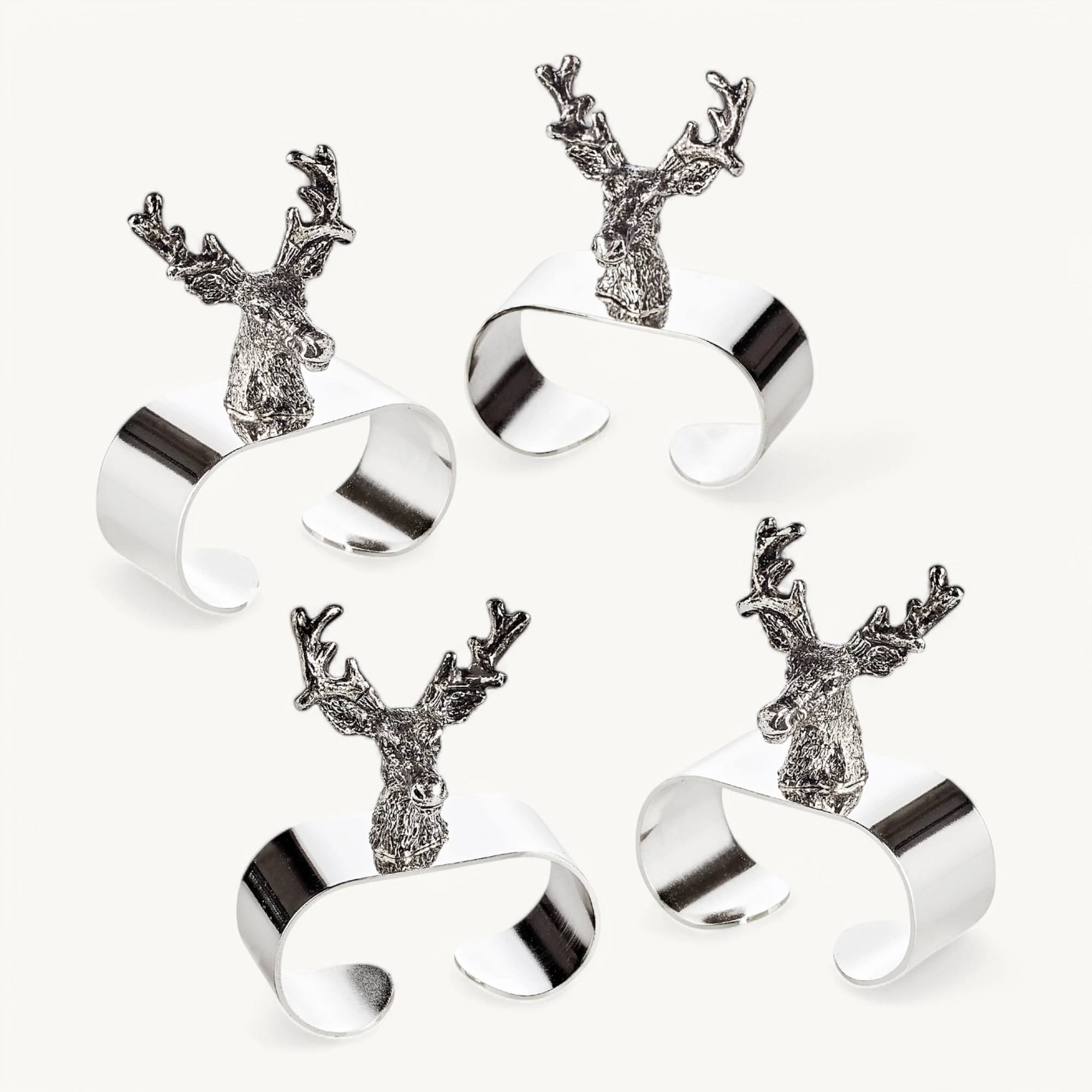 4er-Set Serviettenringe Hirsch (Länge 5 cm), mit Hirsch-Figur, schwerversilbert