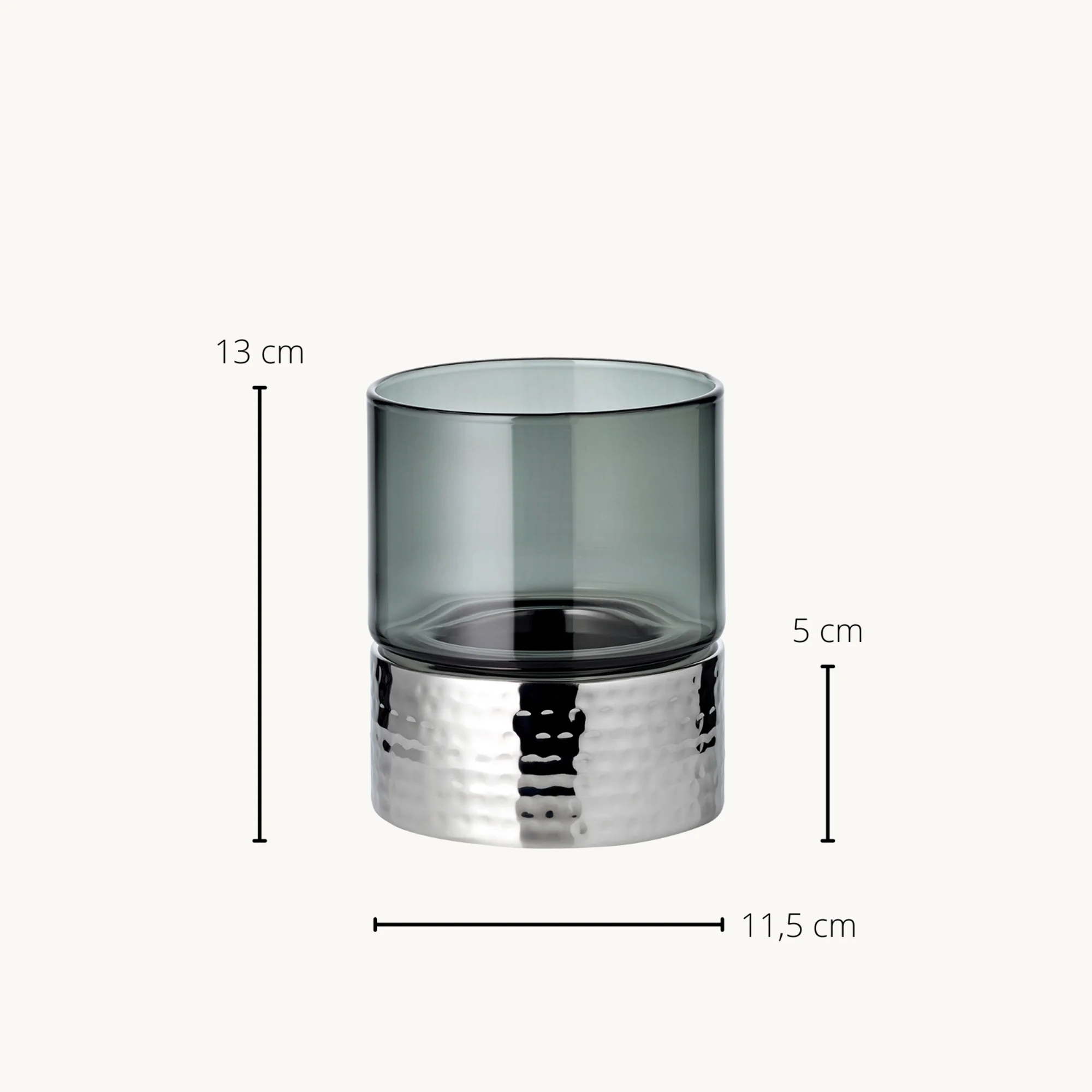 Kerzenleuchter Cosmo (Höhe 13 cm), dunkles Glas, gehämmert, Edelstahl, hochglanzpoliert