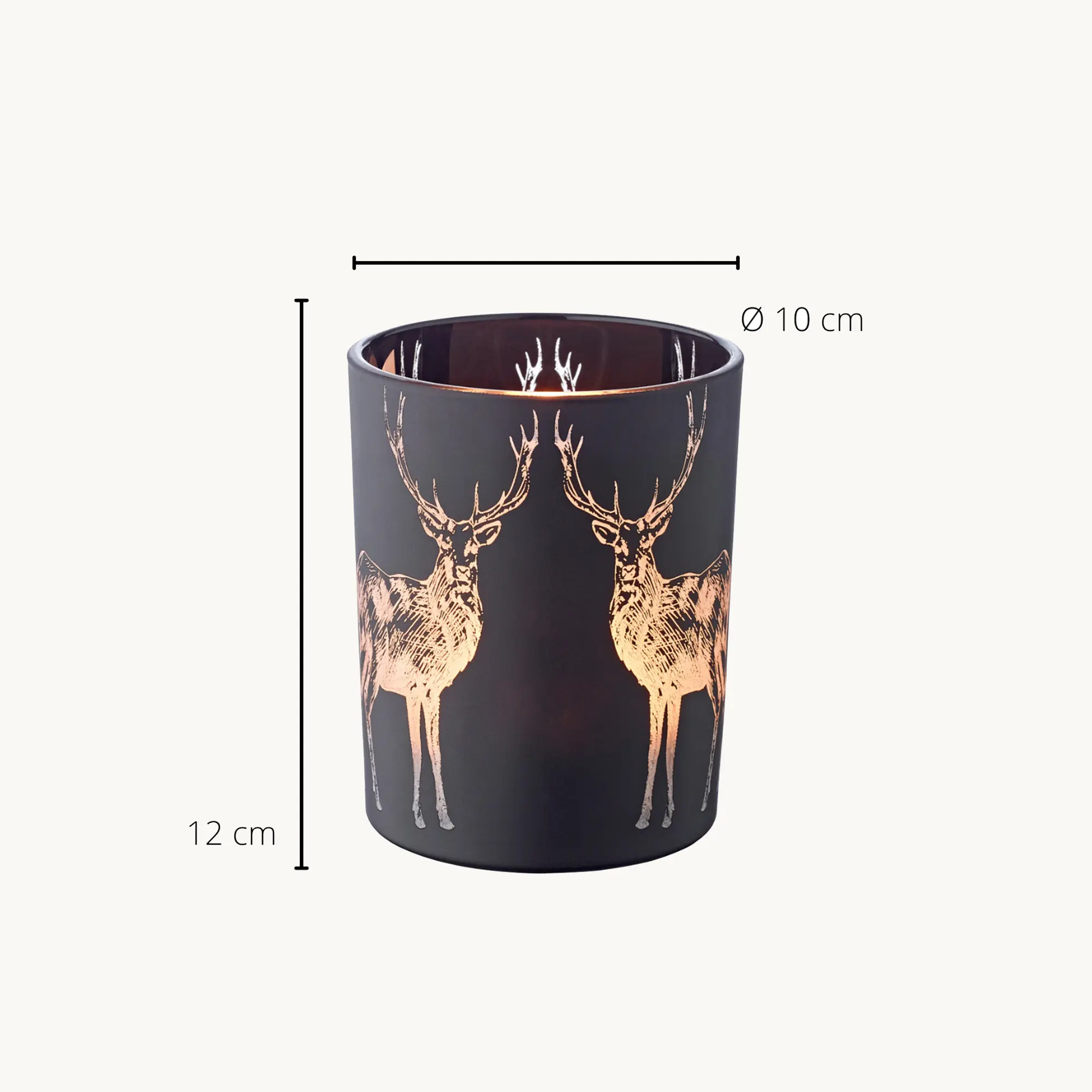 Teelichtglas Tiu (Höhe 13 cm), schwarz, Hirsch-Motiv