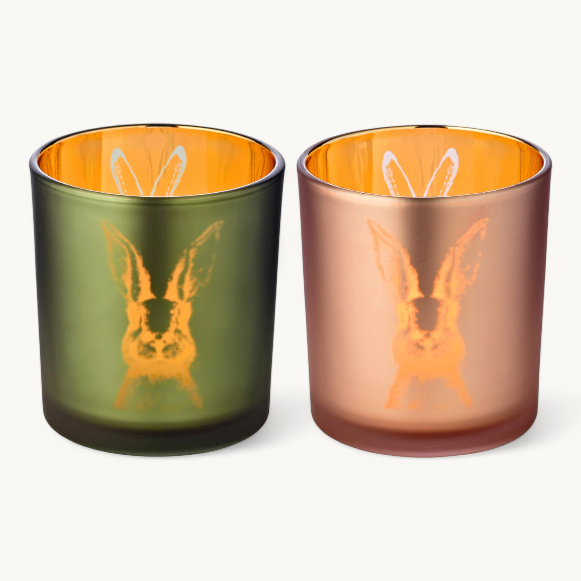 2er-Set Teelichtglas Hase (Höhe 8 cm), grün & rosé, Hasen-Motiv