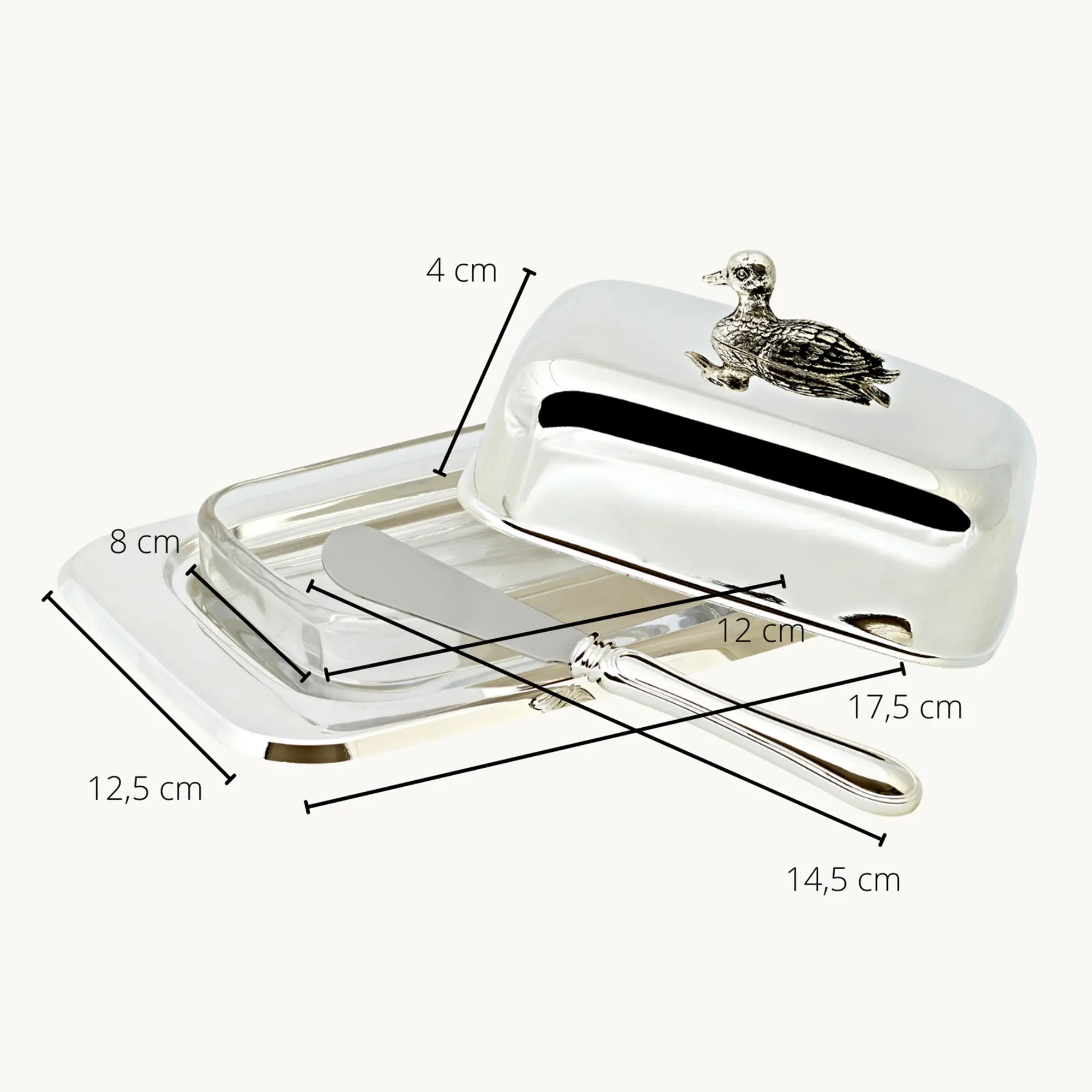 Butterdose Ente (250 g Butter), Enten-Figur, edel versilbert, mit Glasschale und Buttermesser Butterdose Ente (250 g Butter), Enten-Figur, edel versilbert, mit Glasschale und Buttermesser