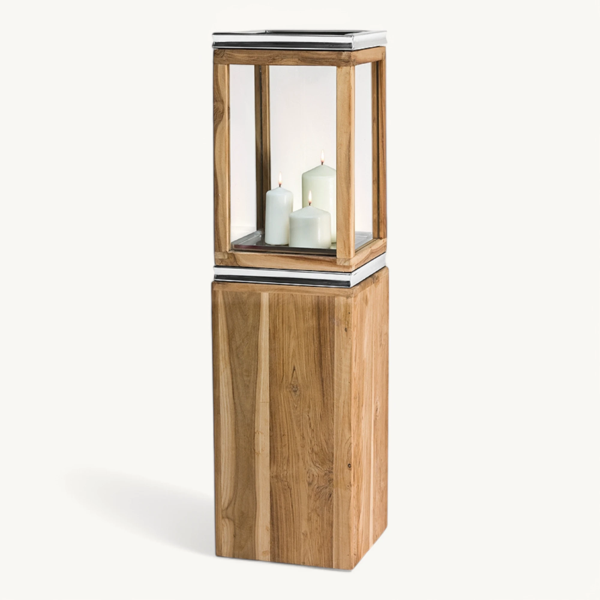 Sockel für Laterne Dubai (Höhe 51 cm), edles Teakholz, Edelstahl, glänzend vernickelt