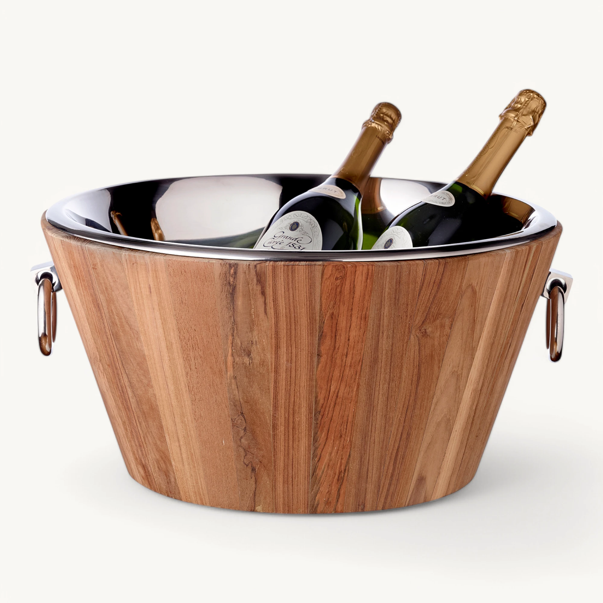 Champagnerkühler Santiago (Ø 46 cm, Höhe 23 cm) Teakholz, Edelstahl hochglanzpoliert, mit Griffen Champagnerkühler Santiago (Ø 46 cm, Höhe 23 cm) Teakholz, Edelstahl hochglanzpoliert, mit Griffen