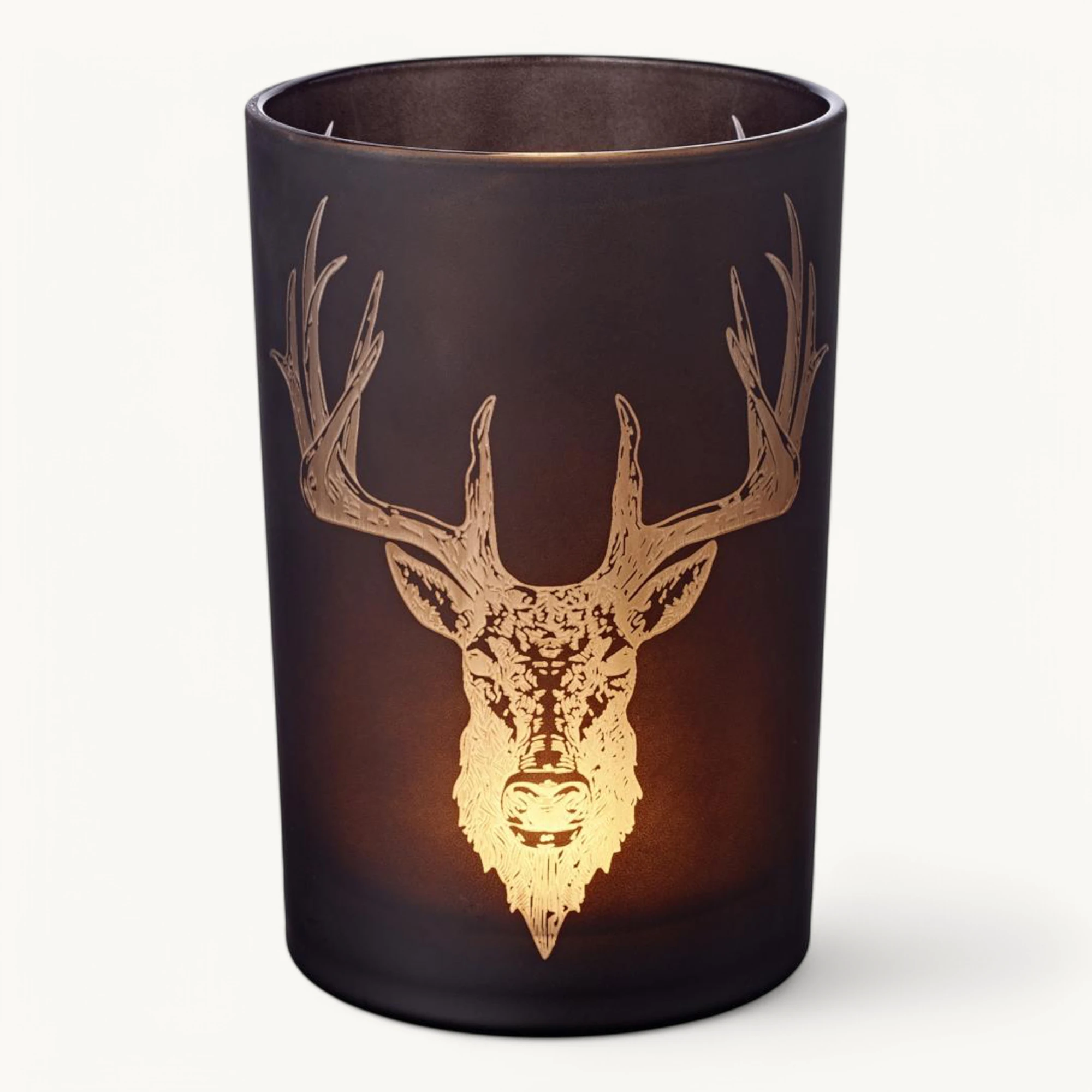 SALE Teelichtglas Alex (Höhe 18 cm), schwarz, Hirsch-Motiv