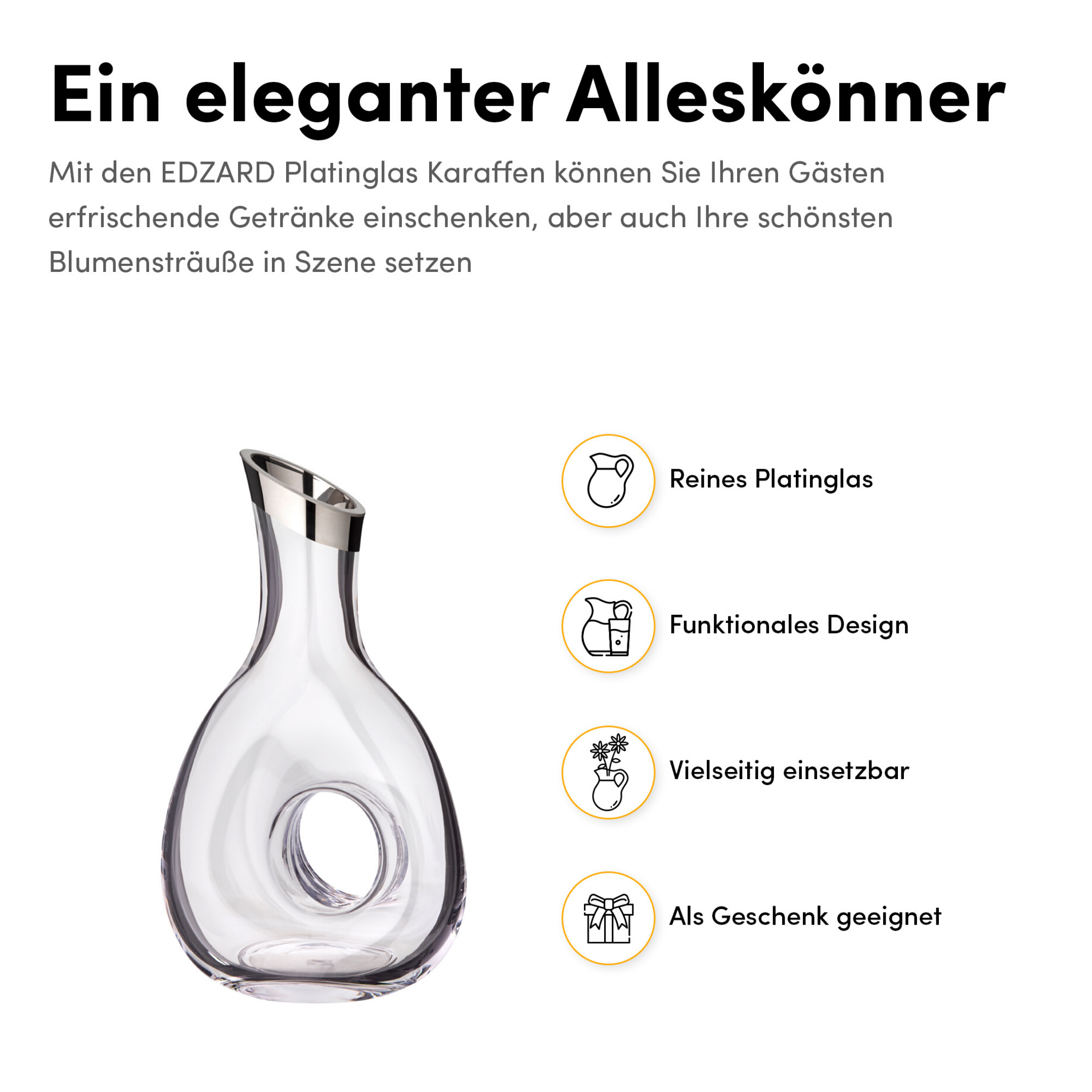 2. Wahl Dekanter Gordon, mundgeblasenes Kristallglas mit Platinrand, Höhe 30 cm