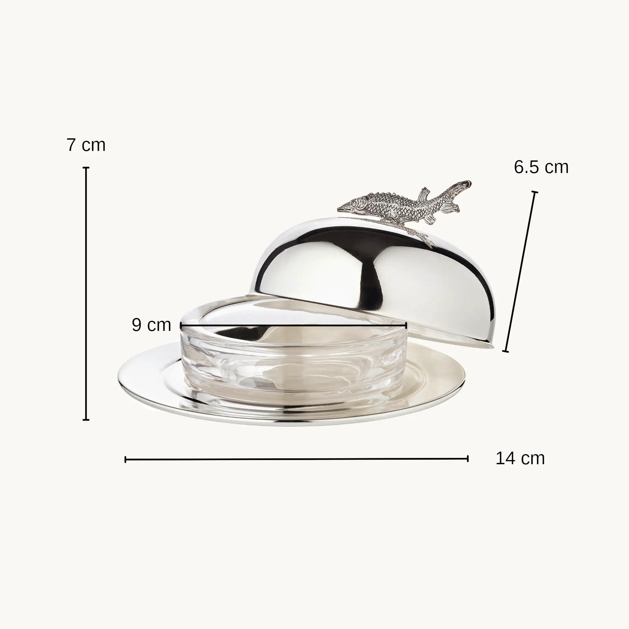 Kaviarschale Stör (Höhe 7 cm, Ø 14 cm), silberfarben, mit Fisch-Figur als Griff, edel versilbert