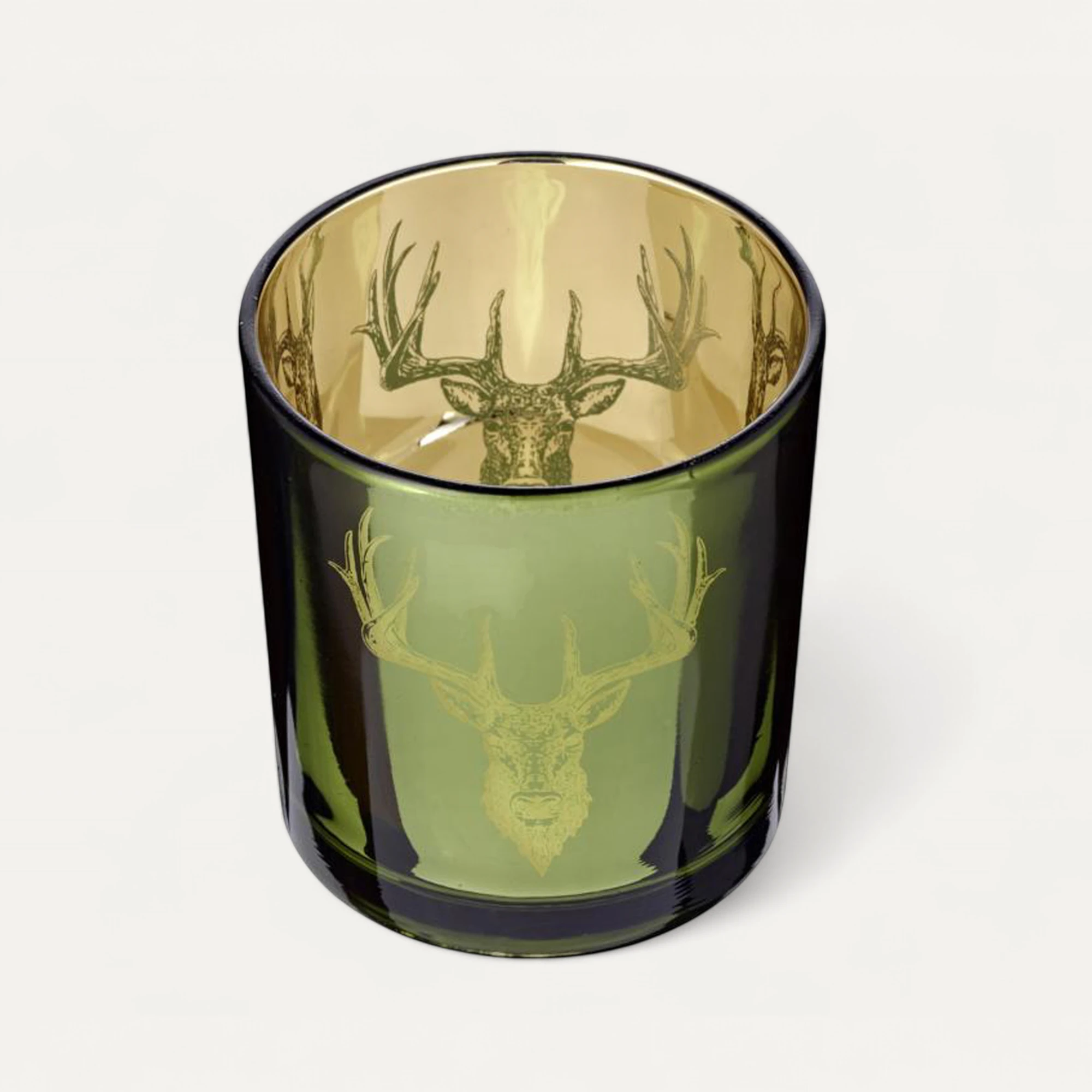 2er-Set Teelichtglas Ted (Höhe 8 cm), grün & goldfarben, Hirsch-Motiv