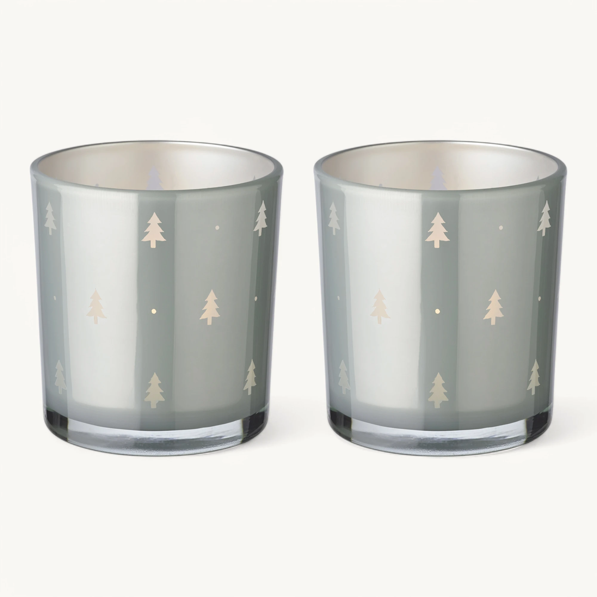 2er-Set Teelichtglas Tani (Höhe 8 cm), grau, Tannen-Motiv