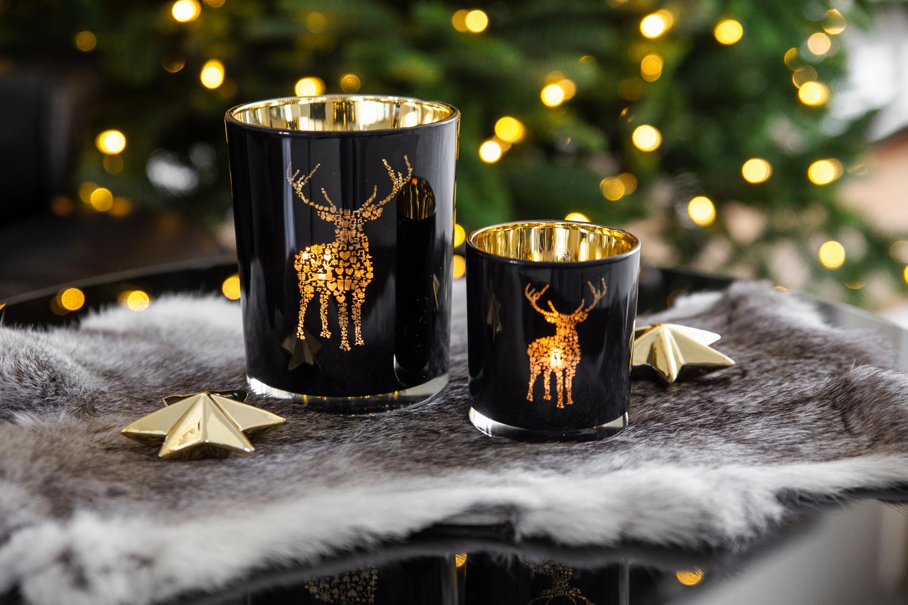 2er-Set Teelichtglas Fancy (Höhe 8 cm), schwarz & goldfarben, Hirsch-Motiv