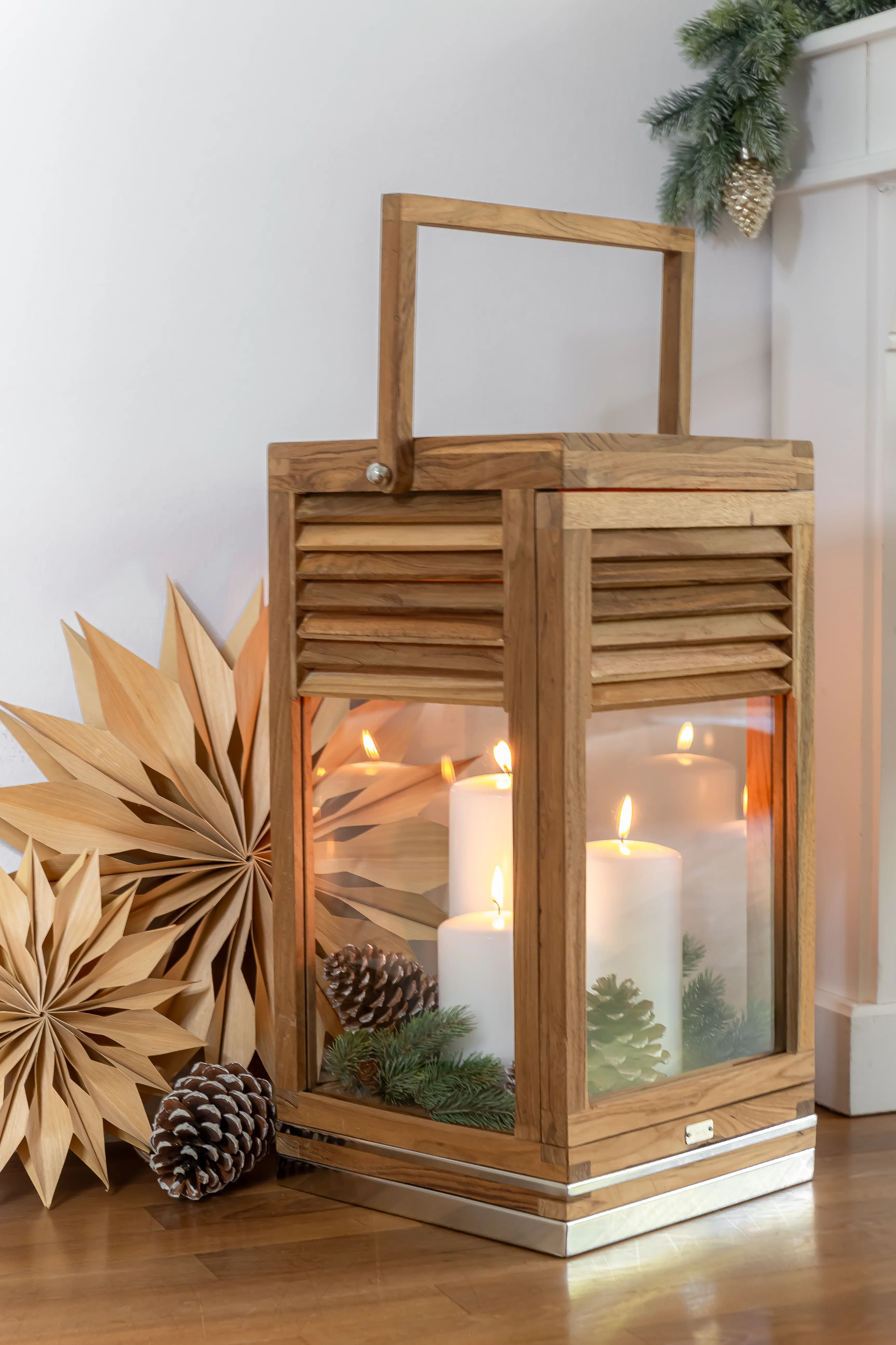 Laterne Vegas (Höhe 60 cm), edles Teakholz, Edelstahl, glänzend vernickelt