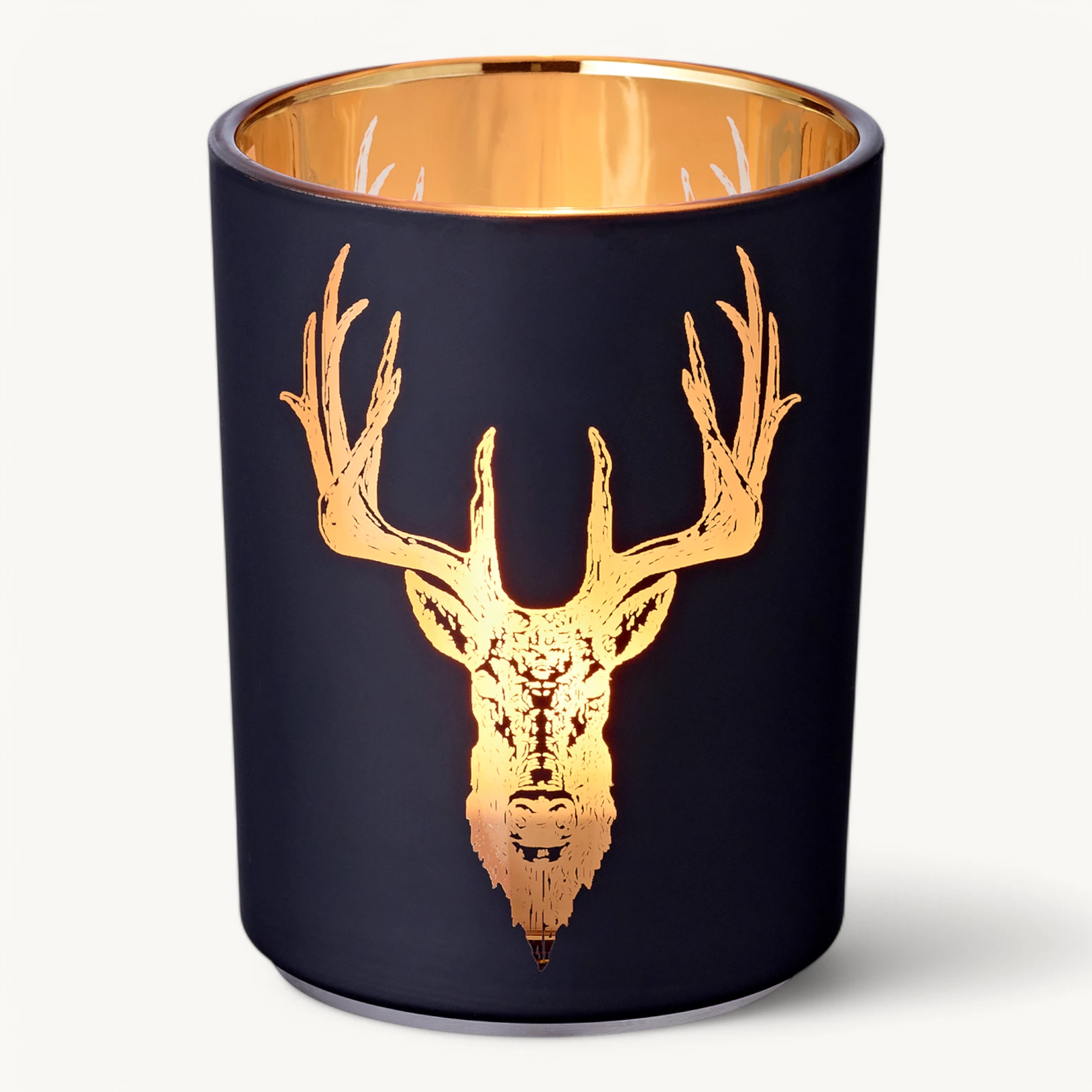Teelichtglas Lio (Höhe 13 cm), schwarz & goldfarben, Hirsch-Motiv