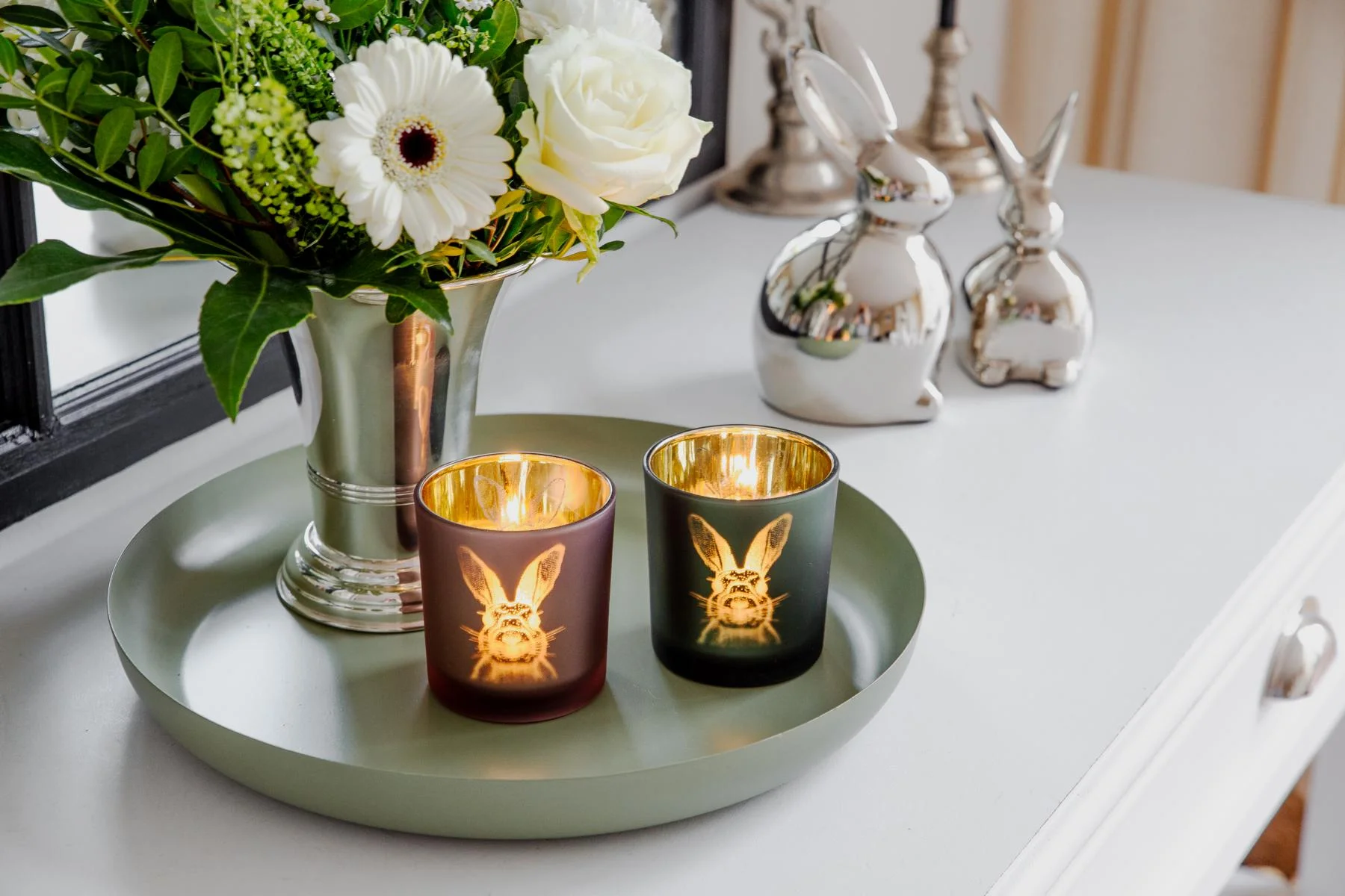 2er-Set Teelichtglas Hase (Höhe 8 cm), grün & goldfarben, Hasen-Motiv